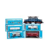 MÄRKLIN E-Lok 3448 mit 5 Güterwagen, Spur H0,bestehend aus blaufarbener Oldtimer-Lok