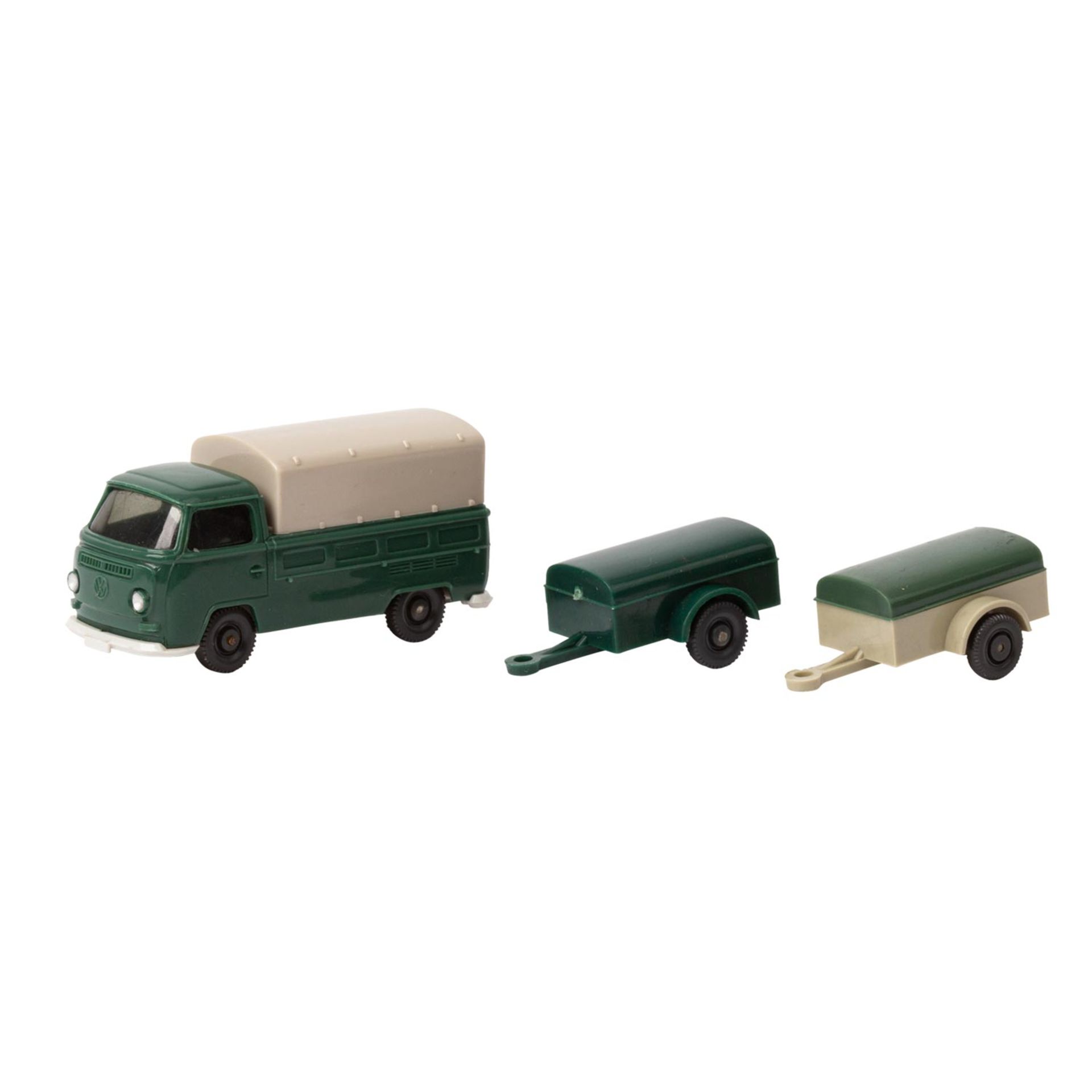 WIKING Konvolut VW-Pritschenwagen und 2 Einachsanhänger, 1969/76 und früher,verglast