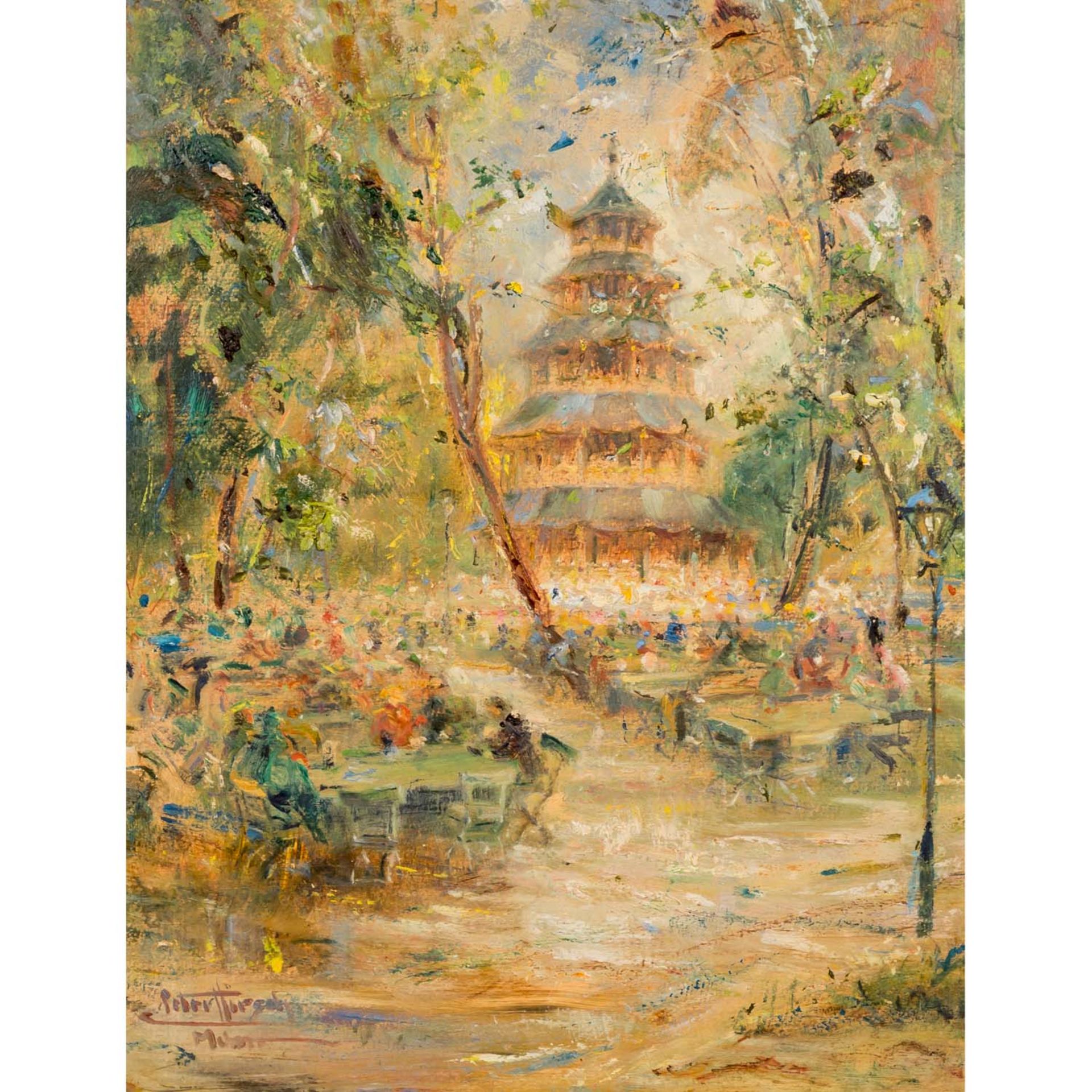 HIRSCH, PETER (1889-1978) "Chinesischer Turm im Englischen Garten"Öl auf Karton, sign