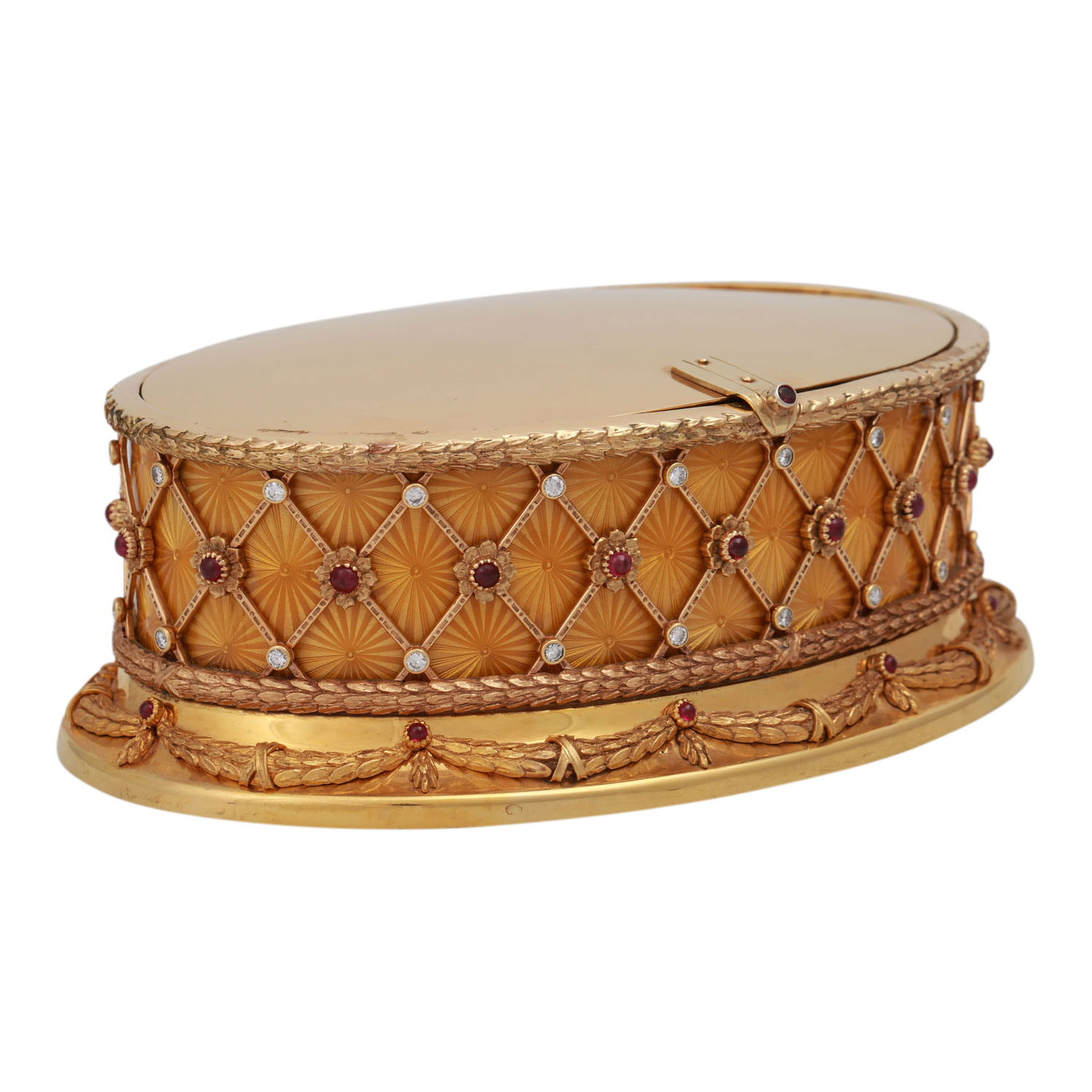 Massivgoldene Schatulle im Fabergé-Stil,mit Brillanten zus. ca. 3,8 ct u. Rubincaboch