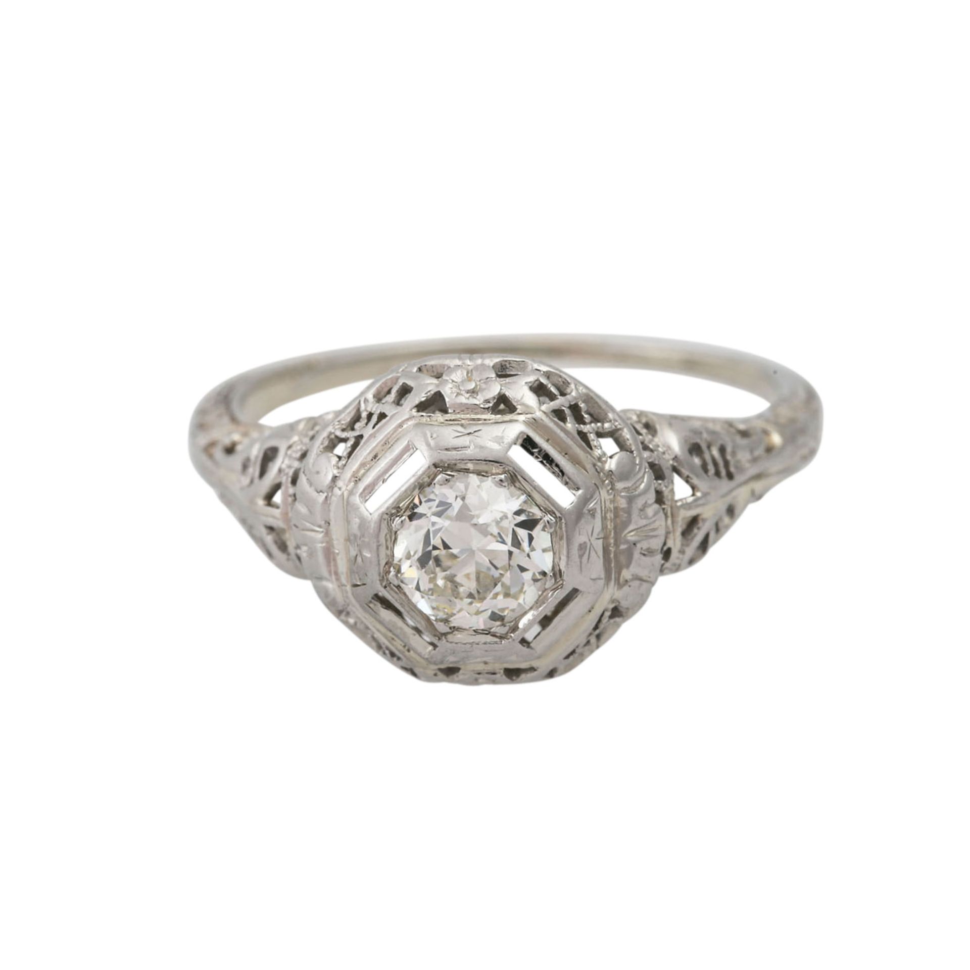 Art Déco Ring mit Altschliffdiamant ca. 0,5 ct,ca. GW (K-L)/VS2-SI1, WG 18K, RW: 51, - Bild 2 aus 4