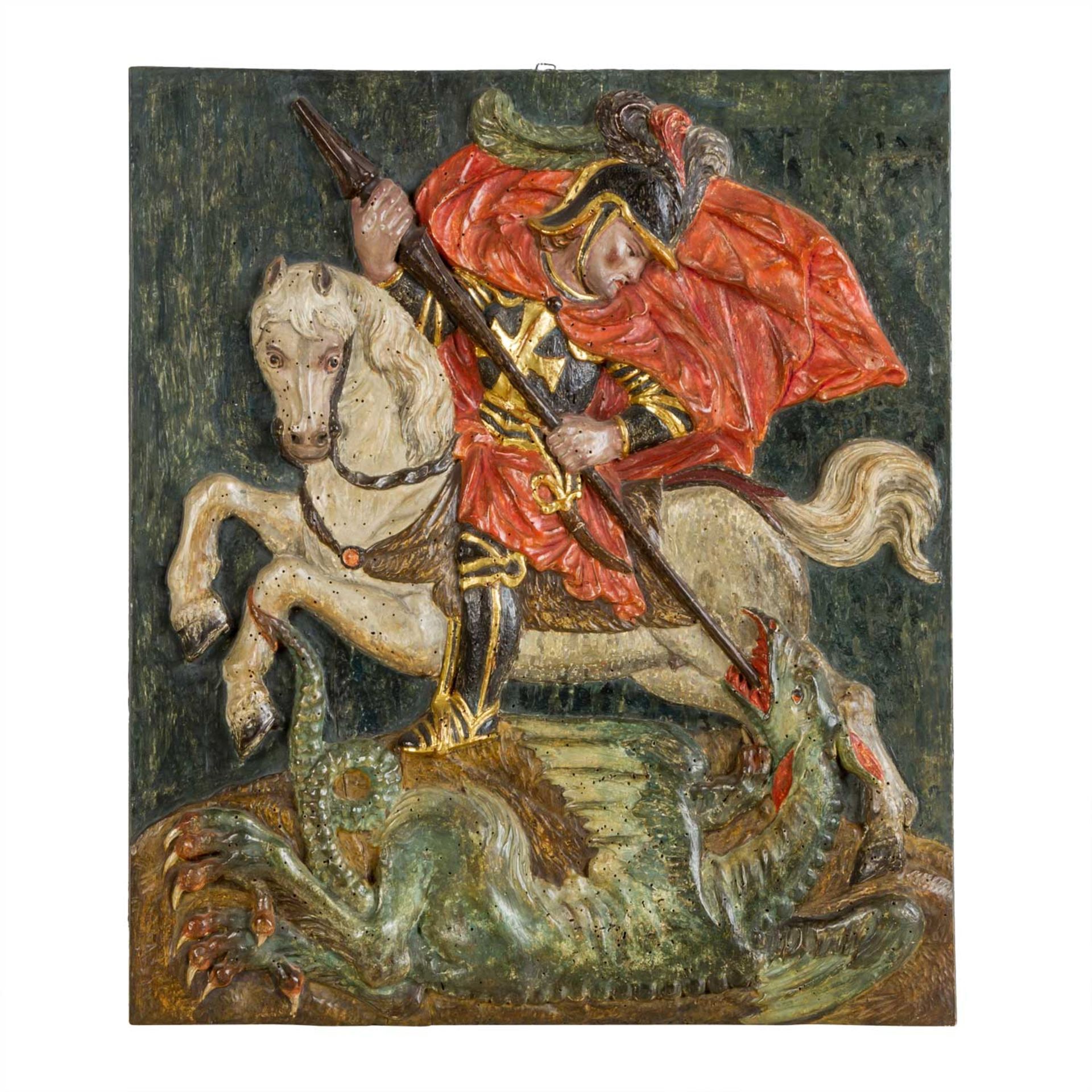 BILDHAUER/-SCHNITZER 18./19. Jh., Relief "Heiliger Georg im Kampf mit dem Drachen".Hol