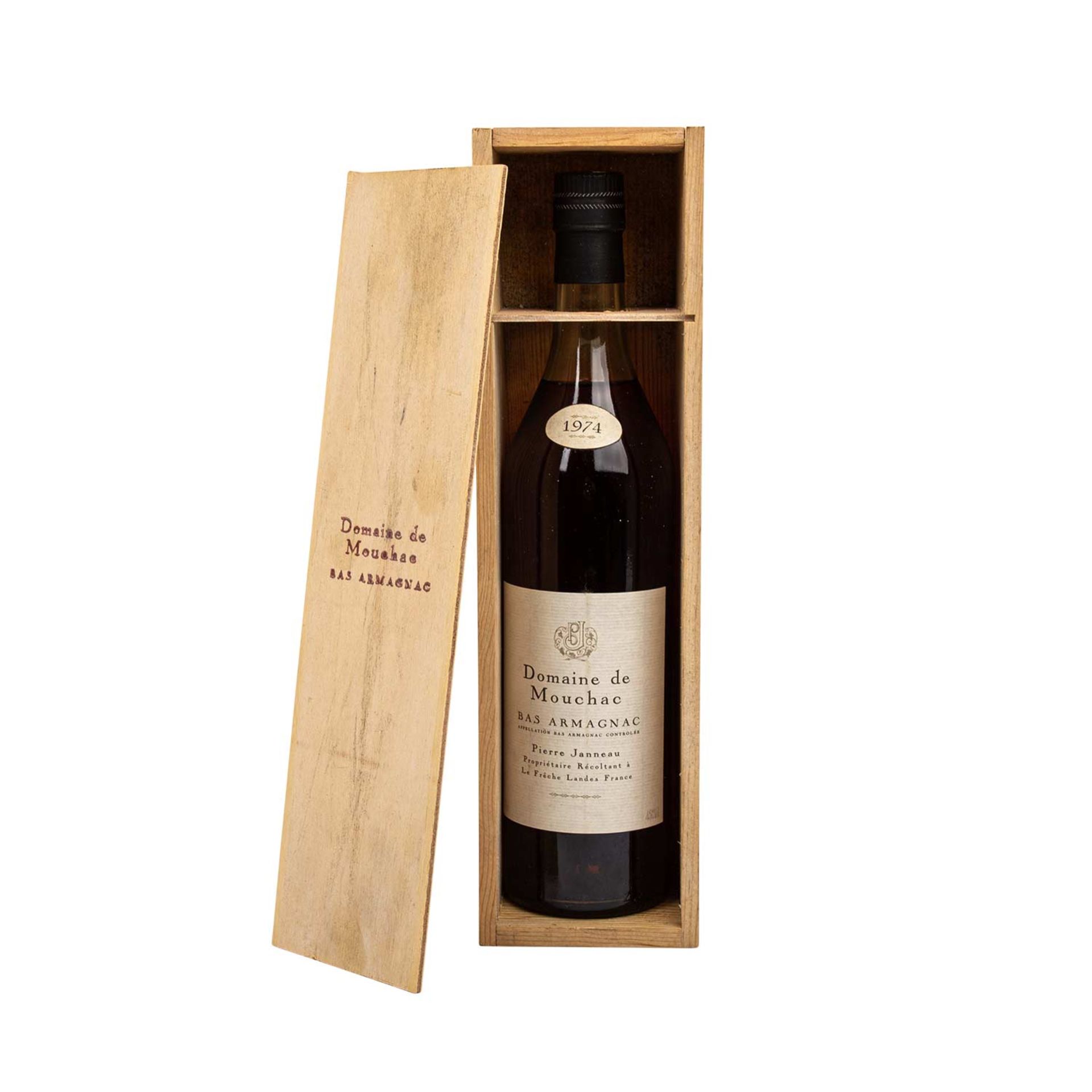 DOMAINE DE MOUCHE eine Flasche BAS ARMAGNAC in Holzkiste, 1974Pierre Janneau, Region: