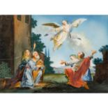 HINTERGLASMALER DES 17.JH. "Biblische Szene mit Engel"Öl auf Glas, HxB: ca. 29/40 cm,