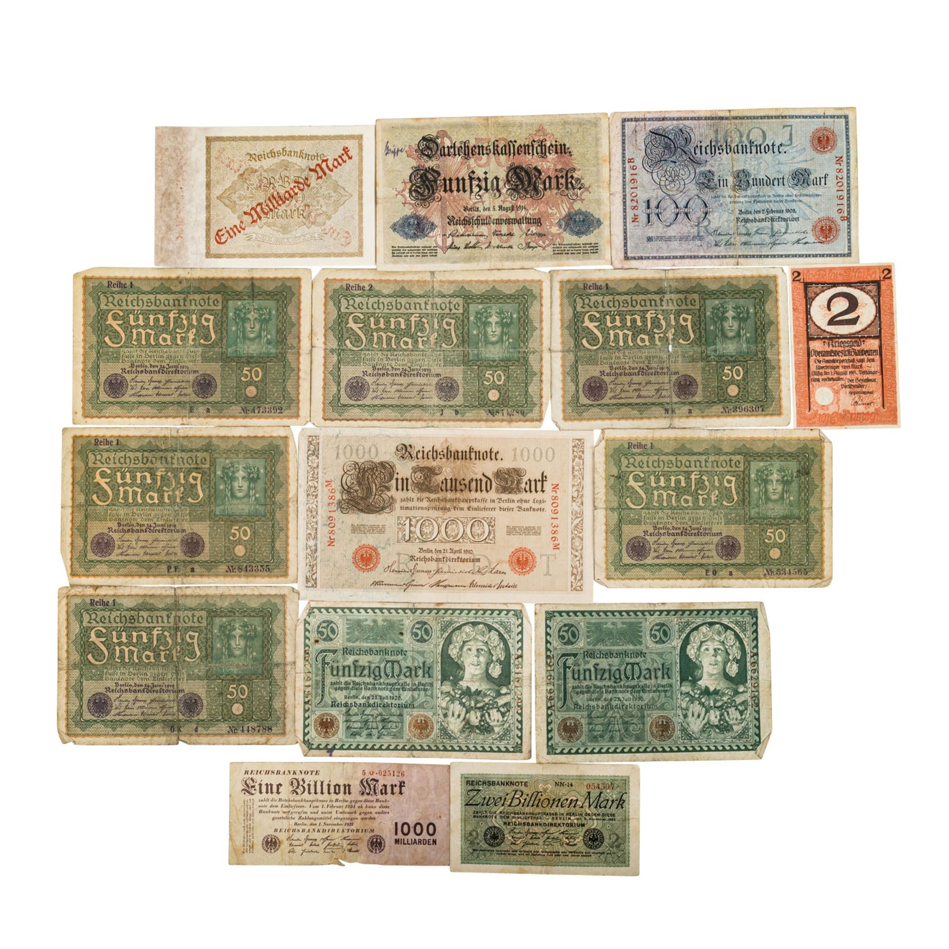 Bündel Banknoten, darunter die gesuchten und besseren Reichsbanknoten<