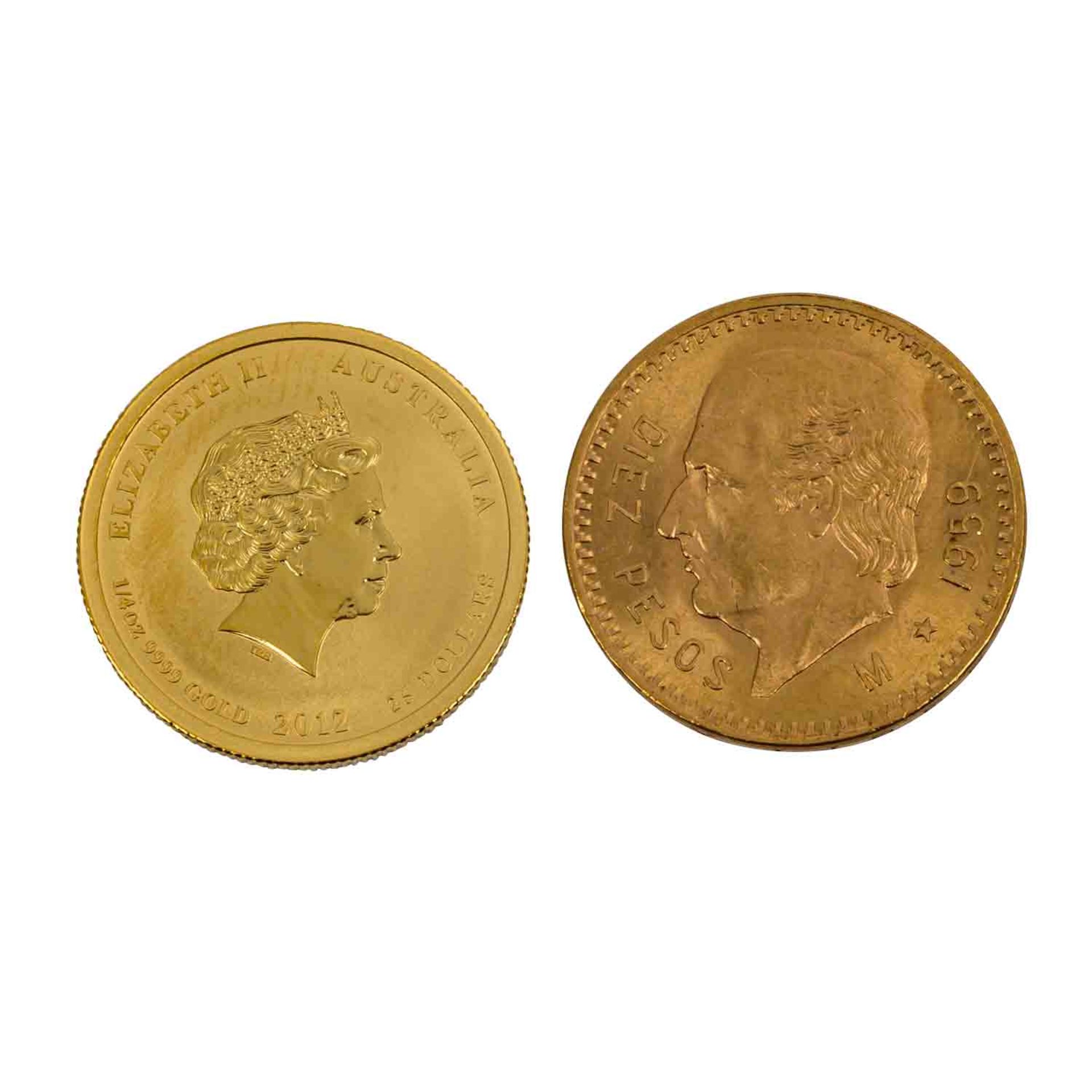 GOLDLOT Australien/Mexiko -1/4 Unze Lunar jahr des Drachen und 10 Pesos 1939. Insgesamt ca. 15,2 g