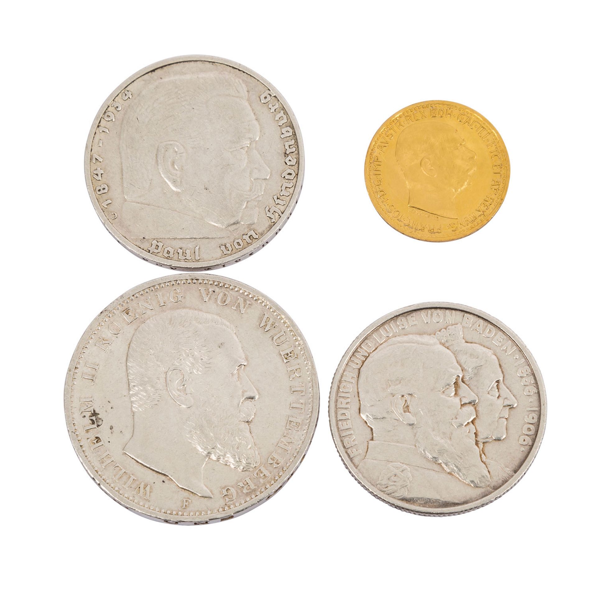 Konvolut - 3 Münzen Dt. Reich + 10 Kronen1912 (Fassungsspuren).Convolute - 3 coins from the German