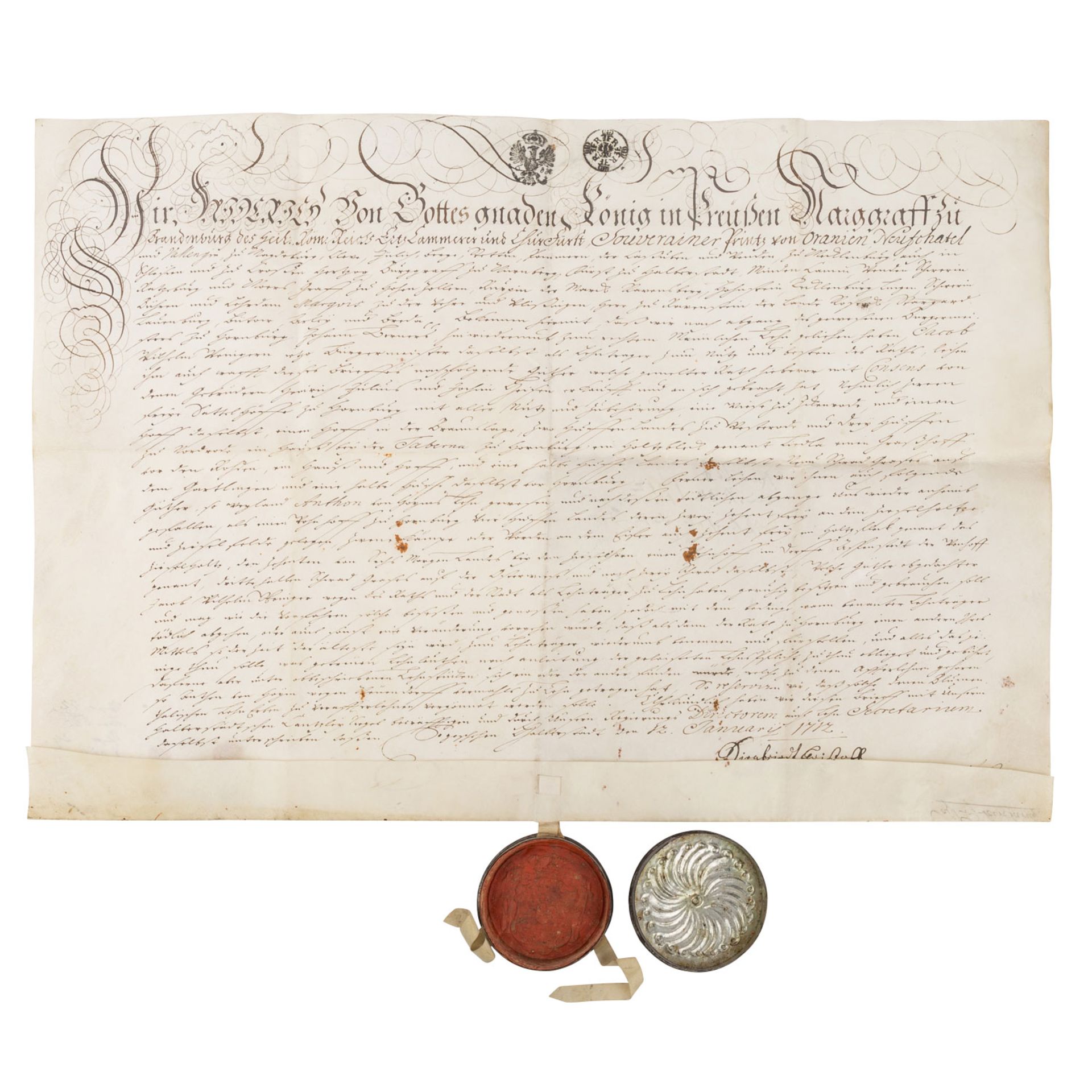 Urkunde des 18. Jahrhunderts mit gut erhaltenem Siegelin Blechkapsel, gegeben zu Halberstadt 1712,