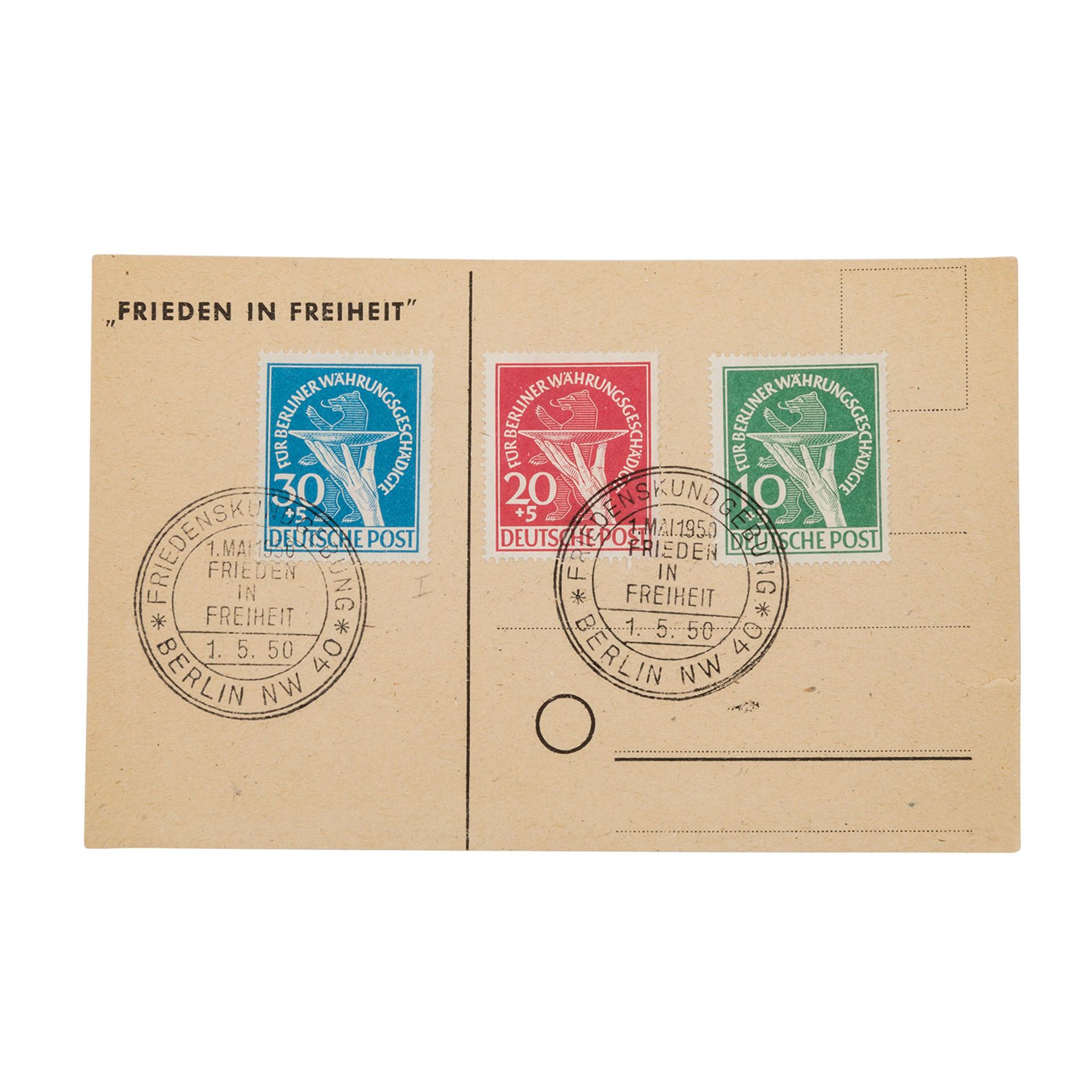 Berlin 1949, MiNr. 68/70 auf Postkarte1. Mai 1950, selten, mit Abart 70 I, mit folgenden Mängeln: