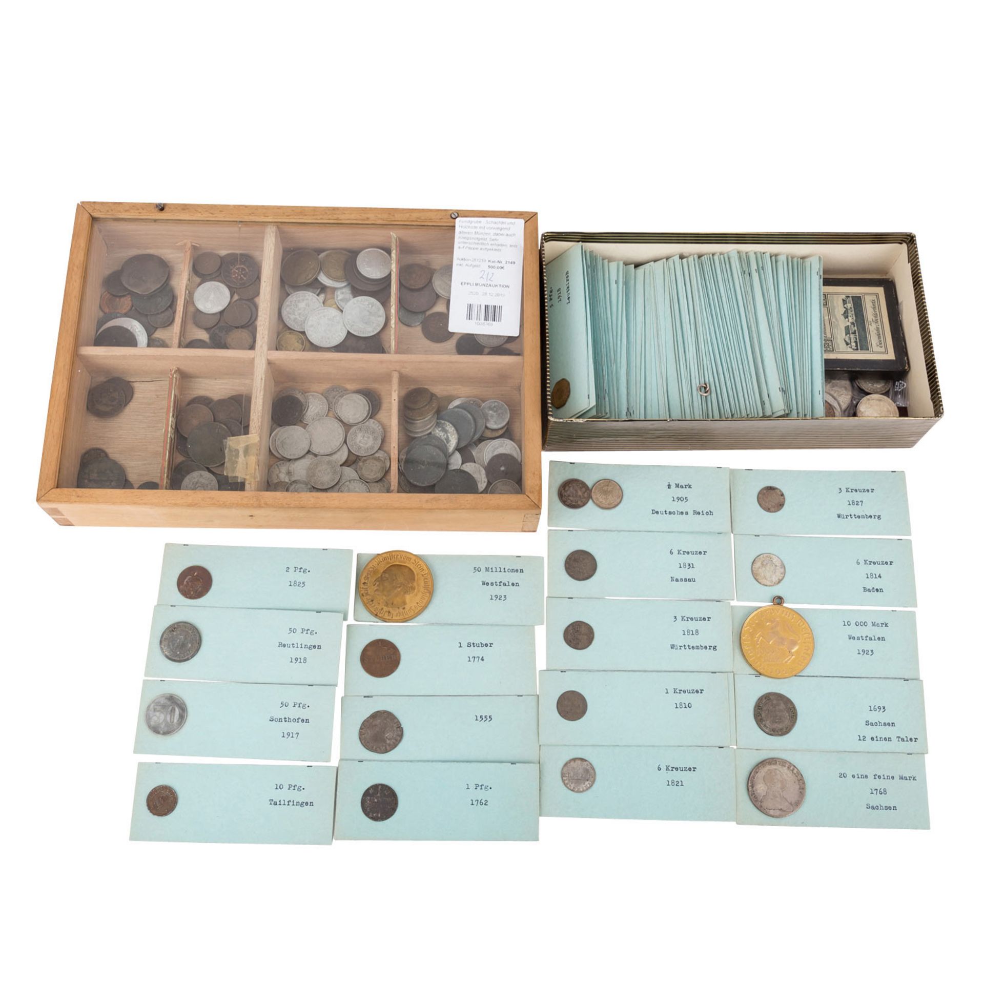 Fundgrube - Schachtel und Holzkistemit vorwiegend älteren Münzen, dabei auch Kriegsnotgeld, sehr