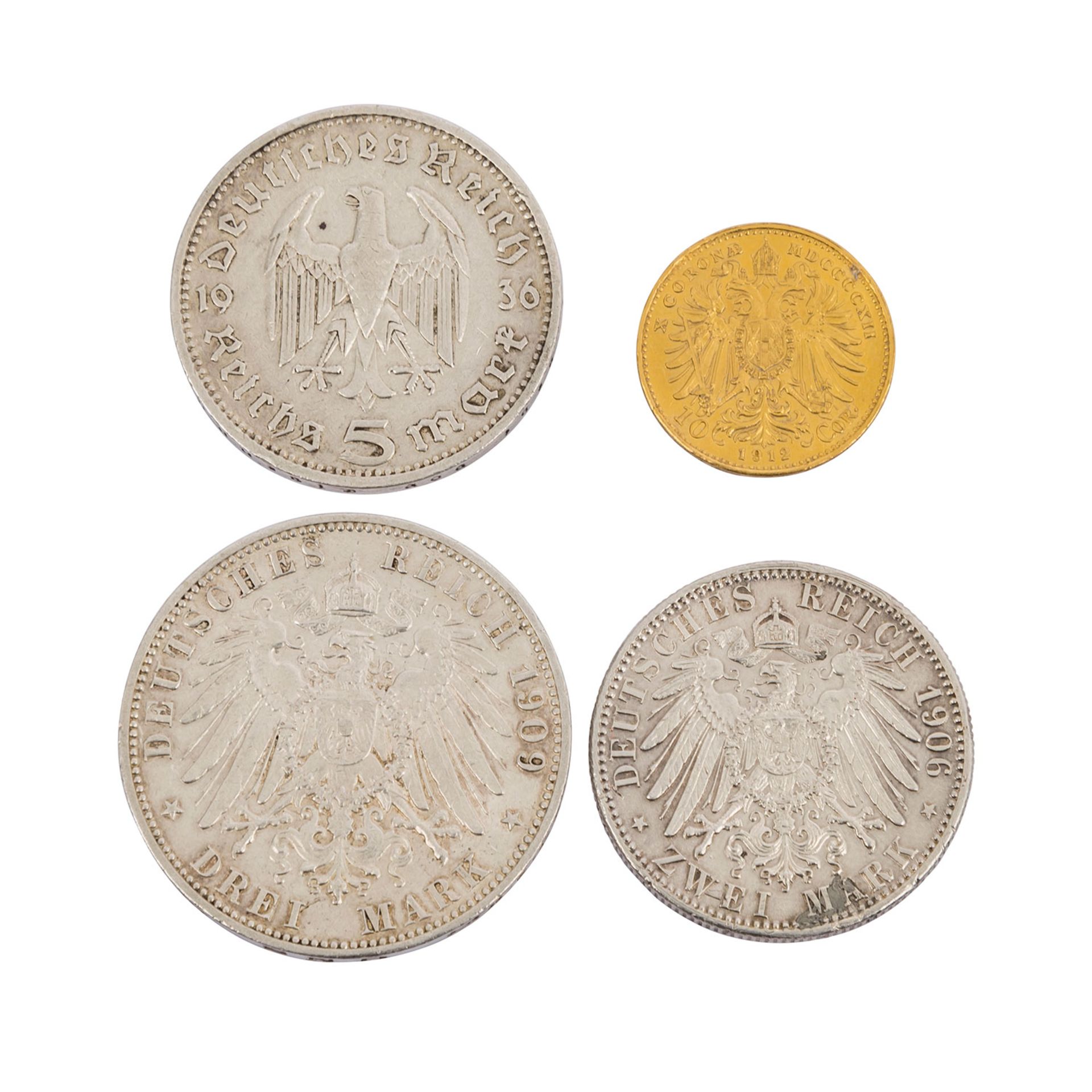 Konvolut - 3 Münzen Dt. Reich + 10 Kronen1912 (Fassungsspuren).Convolute - 3 coins from the German - Bild 2 aus 2
