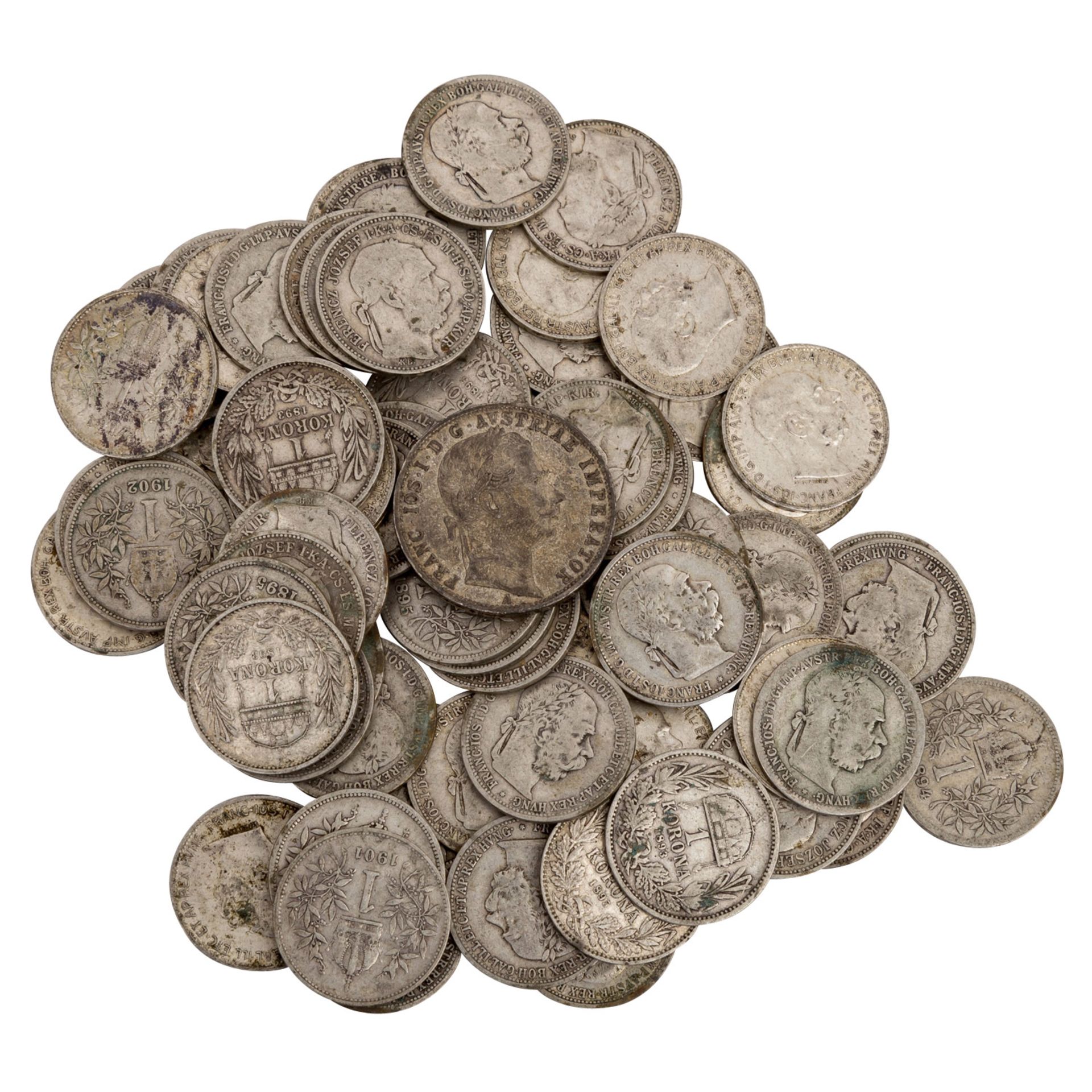 Österreich, ca. 65 x 1 Krone (ex Ausgabe 1892/1916) + Florin 1861,es sind ca. 280 Gramm Silber