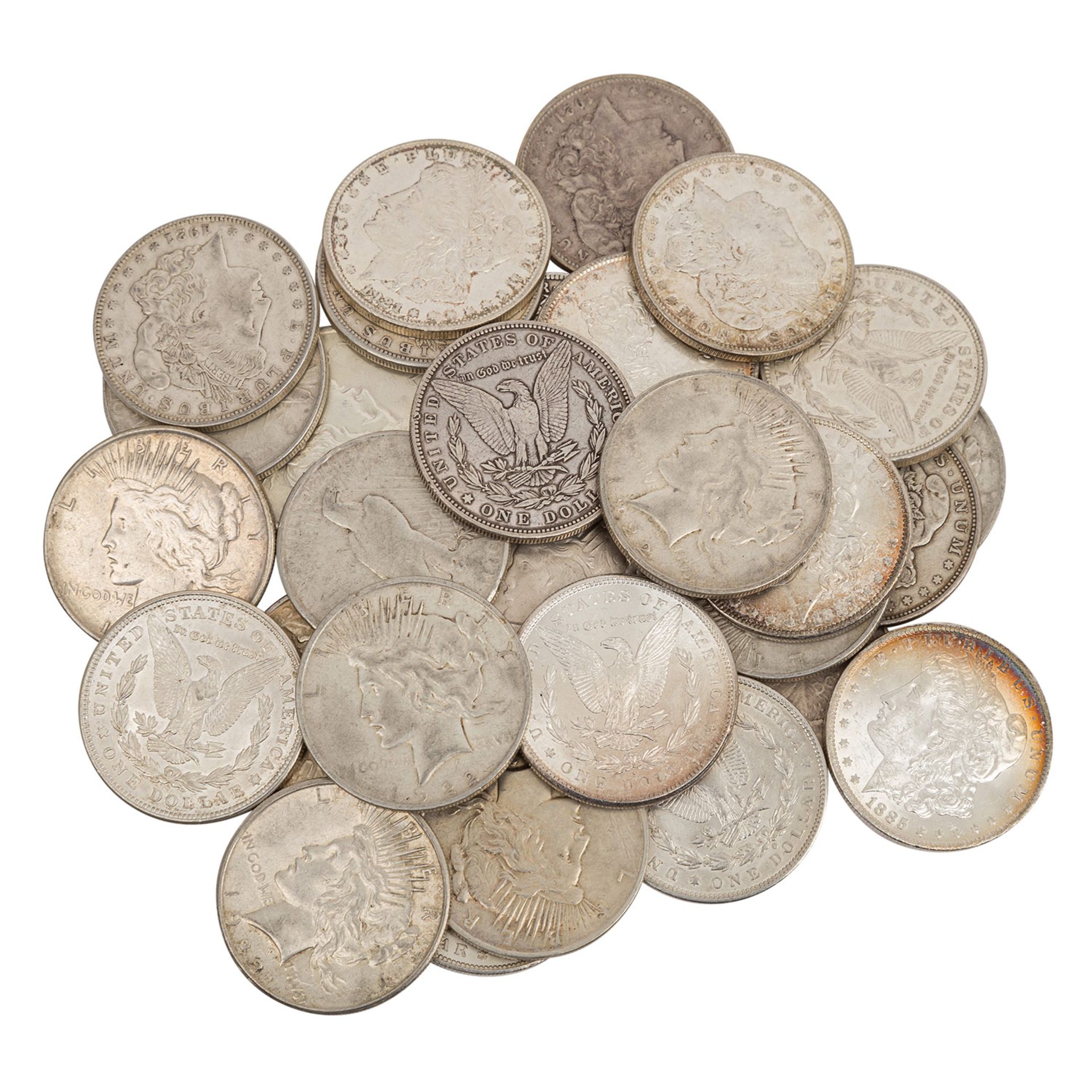 USA/SILBER - 33 x historische Silberdollars,insgesamt ca. 792 g fein. Erhaltungen verschiedenUSA/