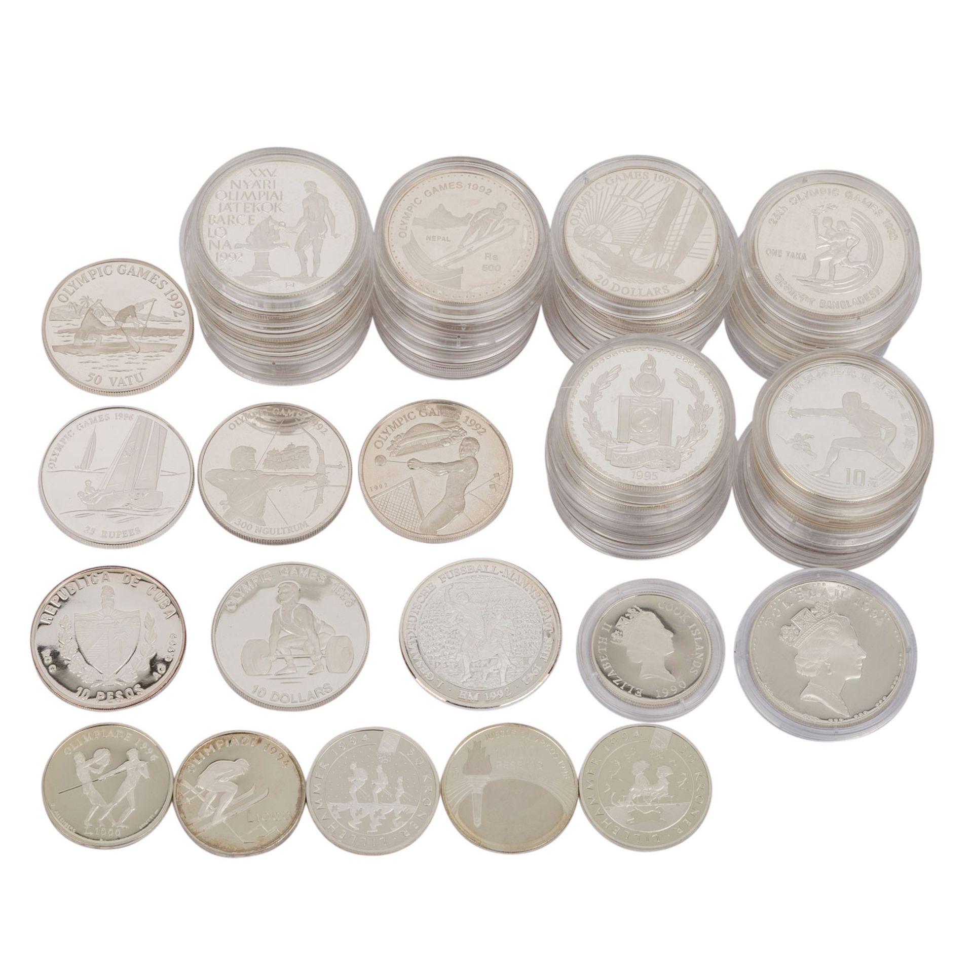 Silber / Olympische Spiele - 44 Münzen mit Bezug auf Olympische Spiele,unterschiedlich erhalten,