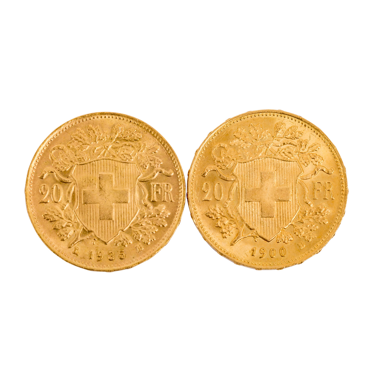 Schweiz / Gold - 2 x 20 Franken Vreneli, 1900/B + 1935/B,ca. 11,6 Gramm fein, beide gutes ss.