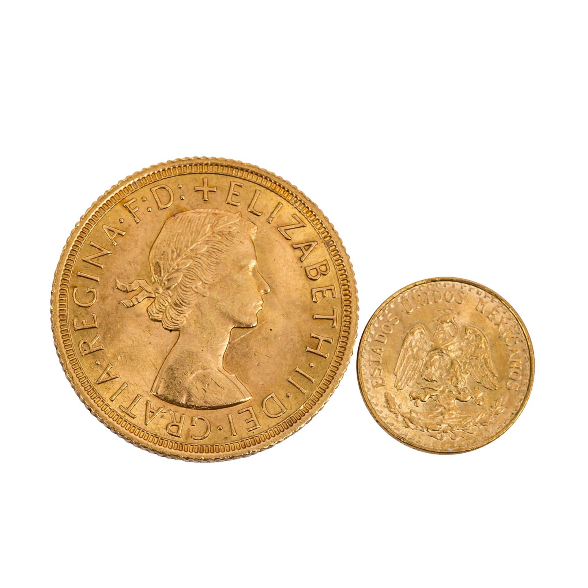 GB/Mexiko/GOLD - Konvolut: 1 Sovereign 1958Elisabeth II. und Mexiko 2 Pesos 1945 NP. Ca. 8,8 g fein.