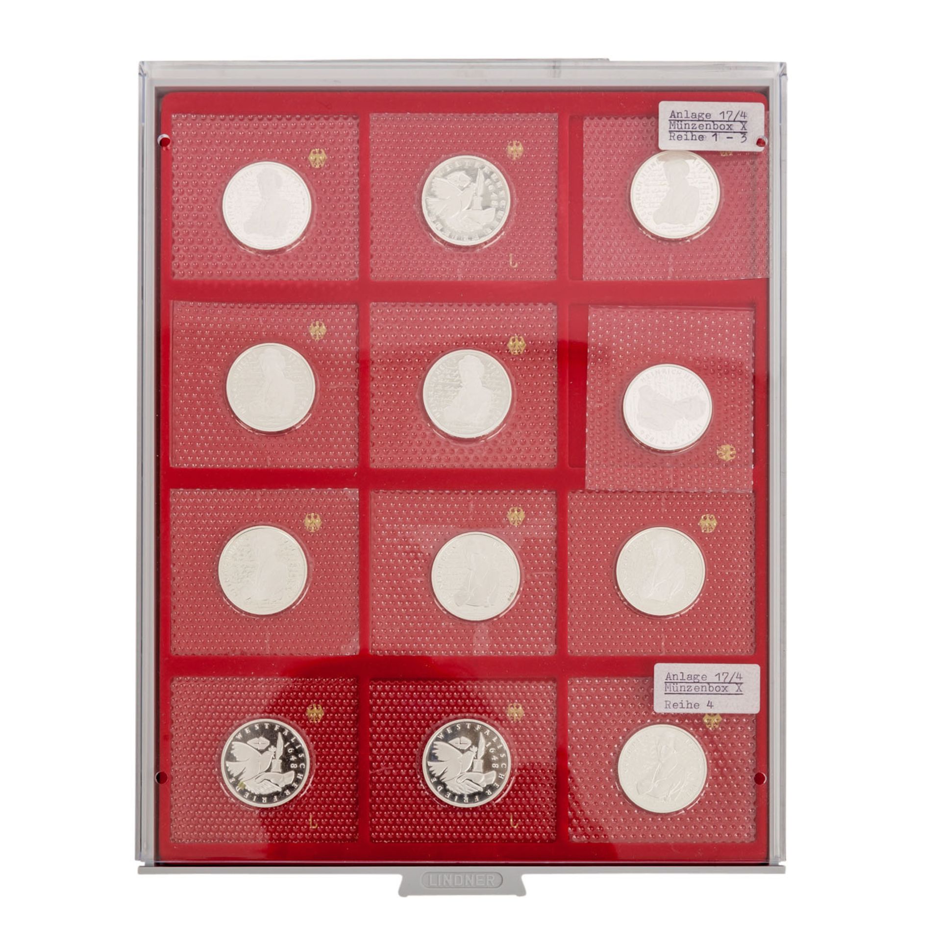 BRD - 189 x 10 DM auf 9 LINDNERTableaus, als Zubehör enthalten zusätzlich 2 Doppel-Münzenboxen- - Bild 9 aus 9
