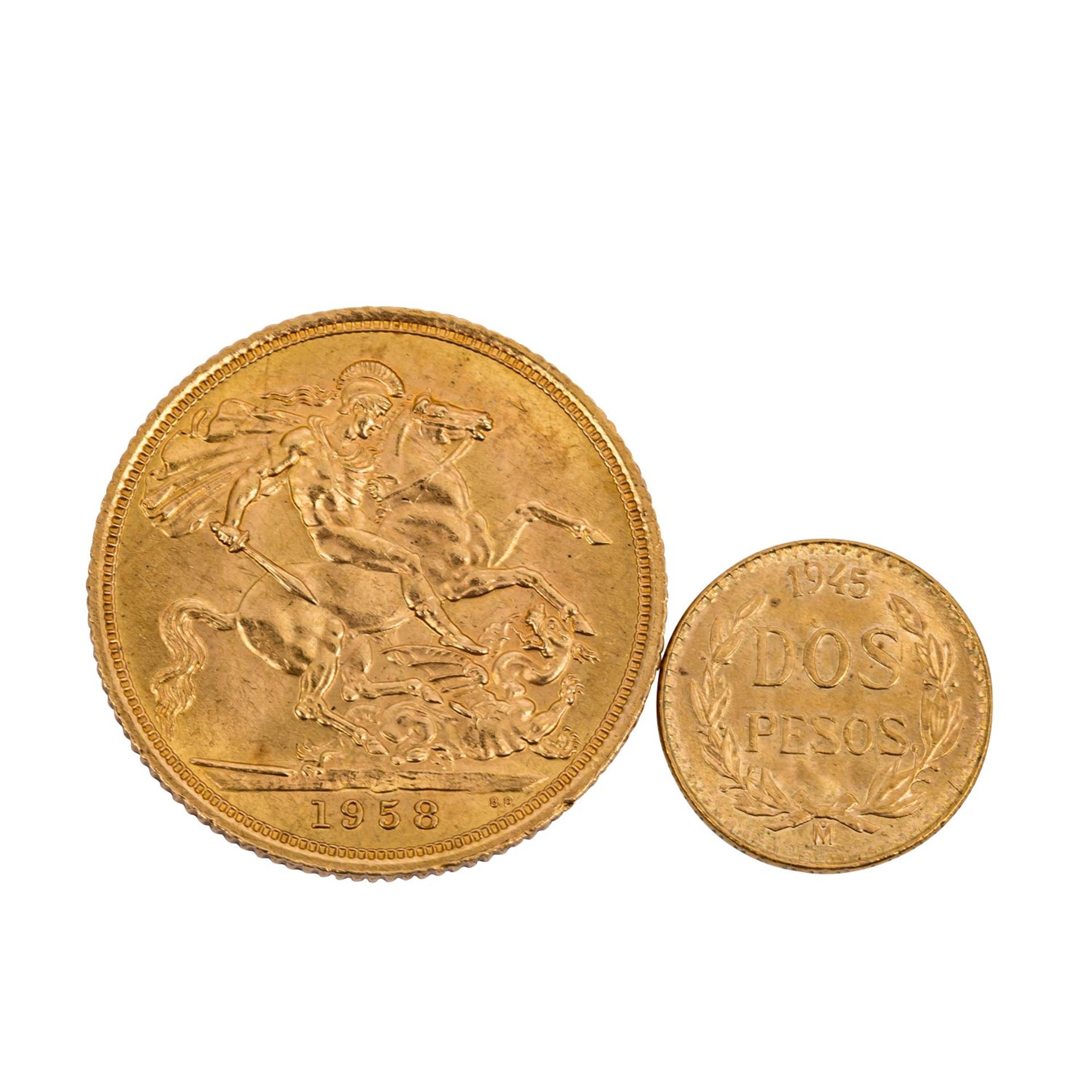 GB/Mexiko/GOLD - Konvolut: 1 Sovereign 1958Elisabeth II. und Mexiko 2 Pesos 1945 NP. Ca. 8,8 g fein. - Bild 2 aus 2
