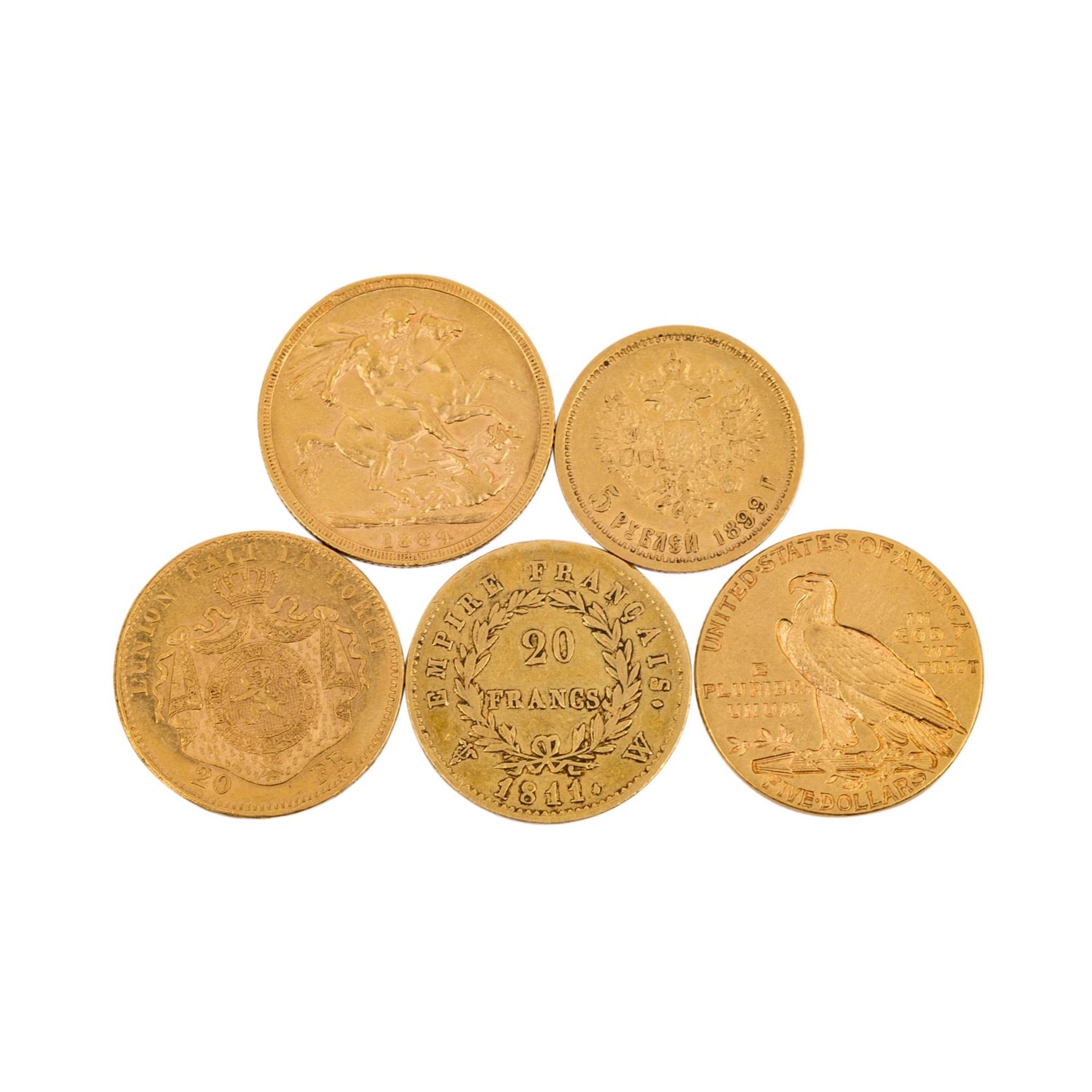 5 Goldmünzen GB/USA/Frankreich/Russland/Belgien -1 x GB - 1 Sovereign 1889, Victoria, ss., berieben, - Bild 2 aus 2