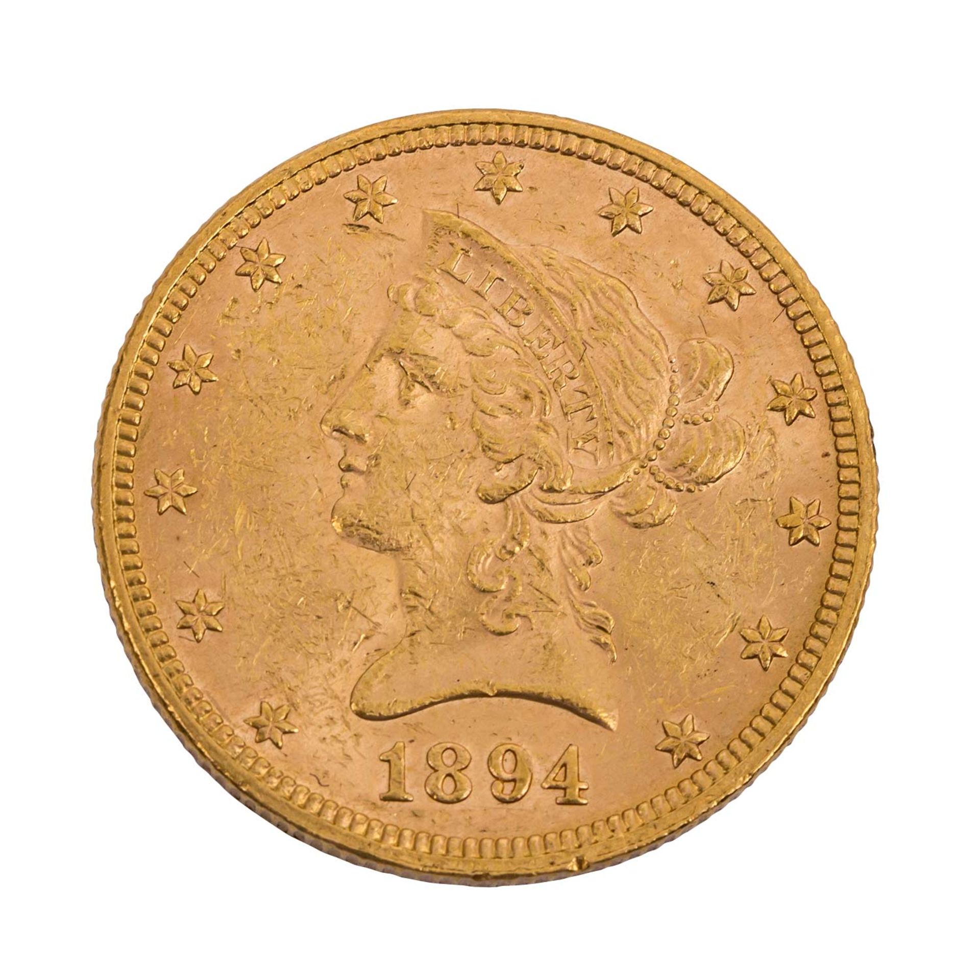 USA/GOLD - 10 Dollar 1894, Liberty Head, ss., Kratzer,Randkerben, 15,04g Gold fein.USA/GOLD - 10