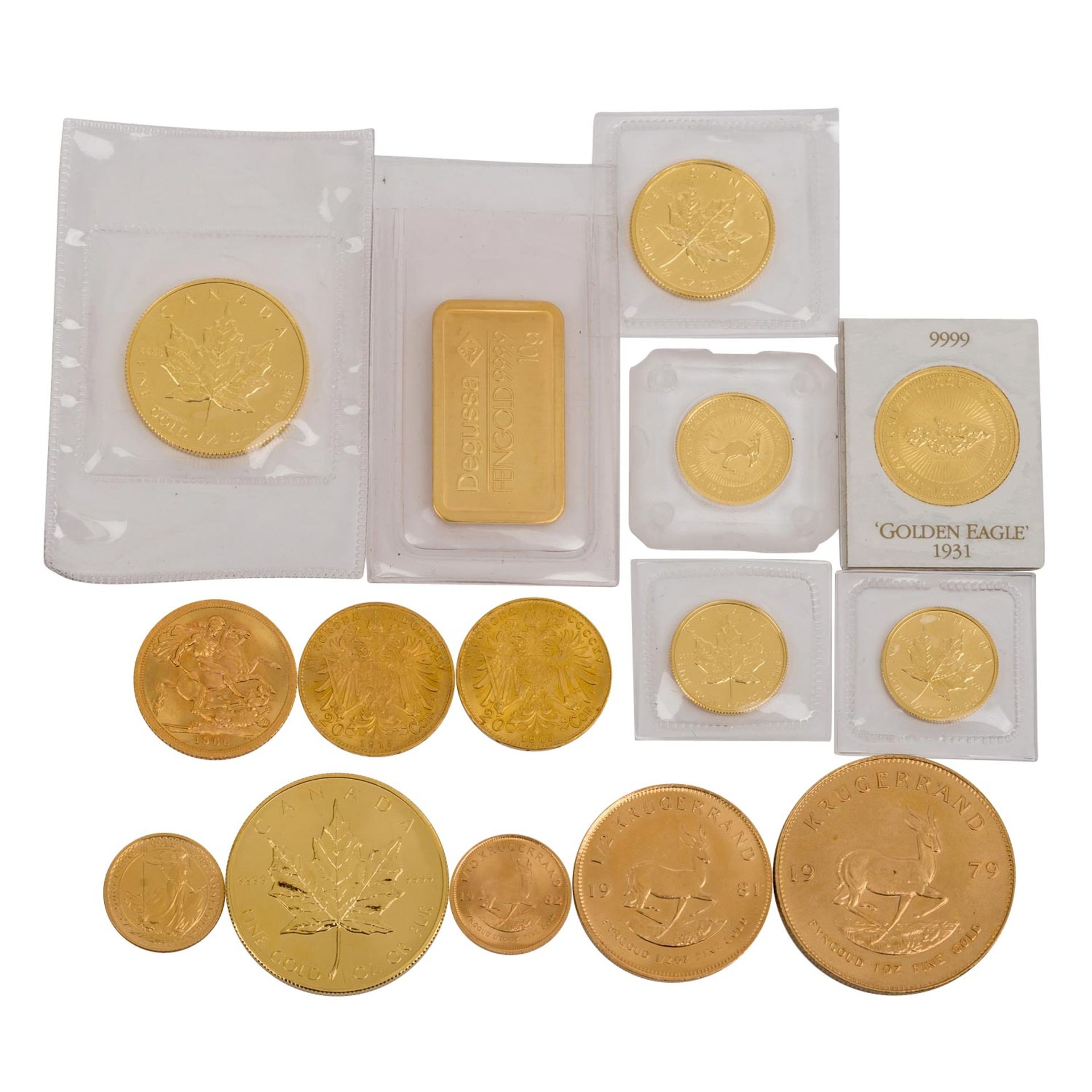 GOLDLOT bestehend aus10 g Goldbarren Hersteller Degussa, 1 Unze Krügerrand 1979, 1/2 Unze Krügerrand