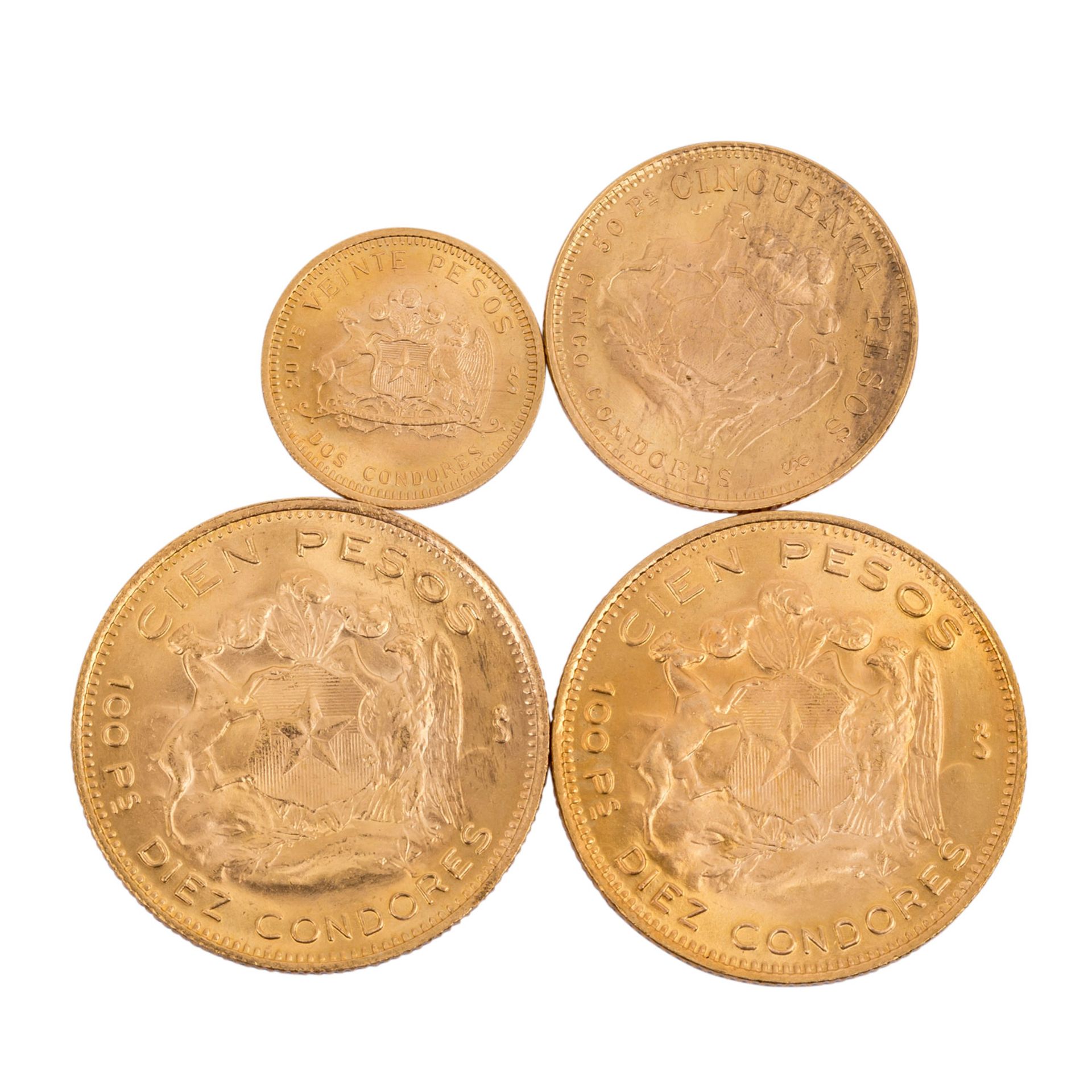 Chile/GOLD - Lot mit 2 x 100 Pesos 1973/74,50 Pesos 1970 sowie 20 Pesos 1976. Ca. 49 g fein, - Bild 2 aus 2