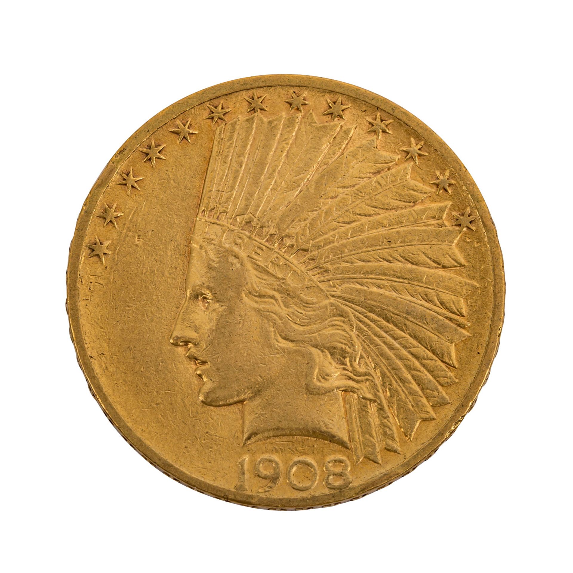 USA/GOLD -10 Dollars 1908, Indian Head, ss+,berieben, Randkerben, Kratzer, 15,04g Gold fein.United