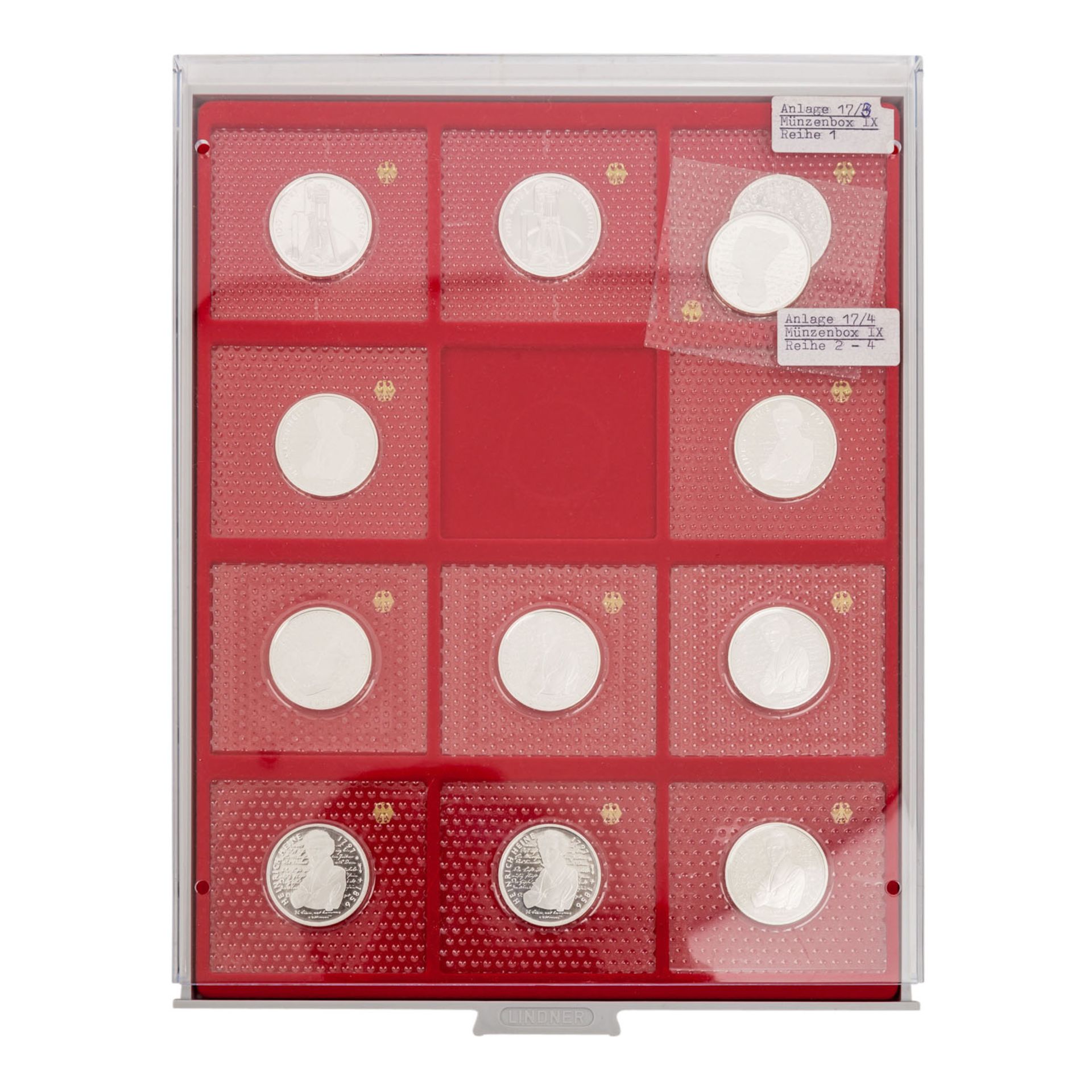 BRD - 189 x 10 DM auf 9 LINDNERTableaus, als Zubehör enthalten zusätzlich 2 Doppel-Münzenboxen- - Bild 6 aus 9