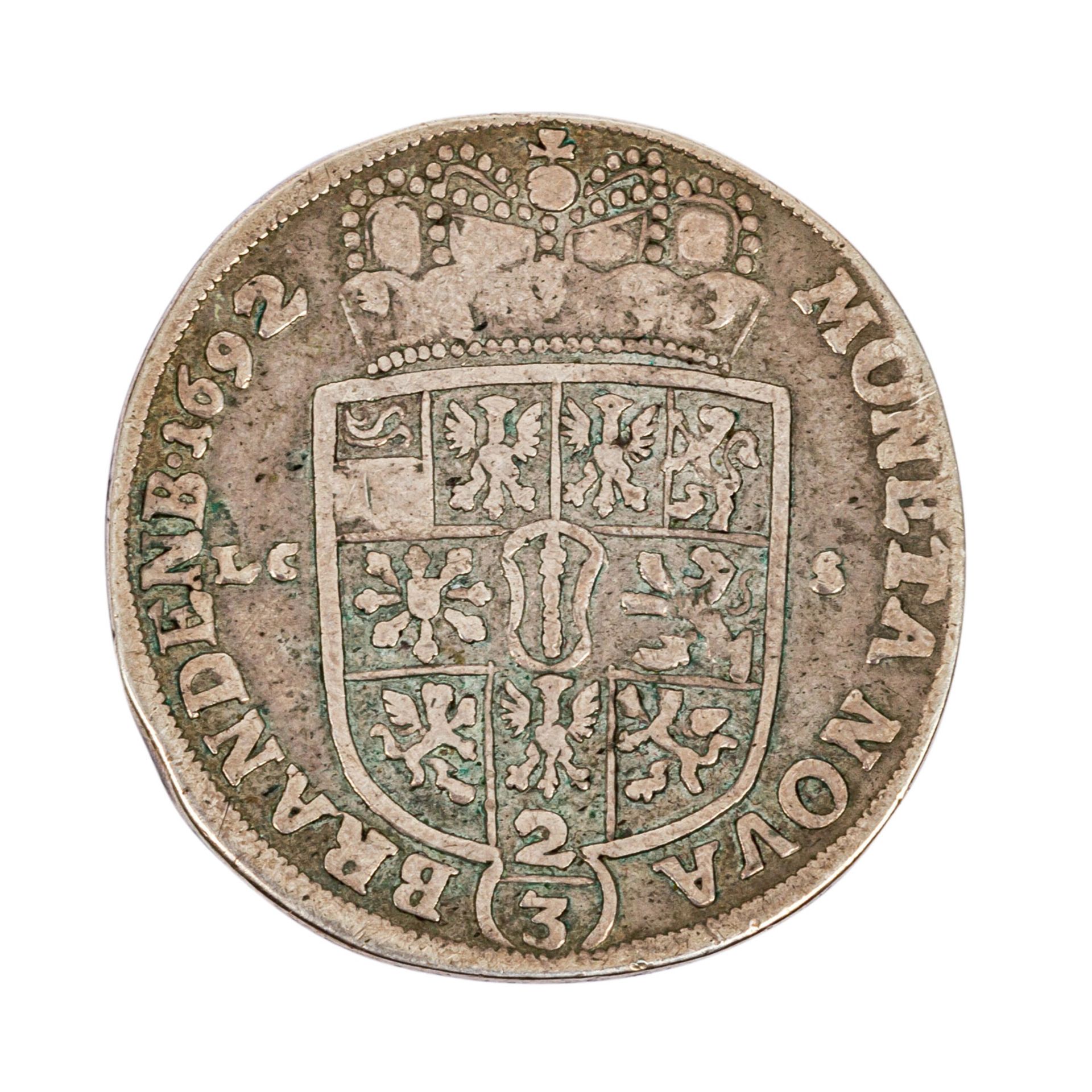 Brandenburg / Preussen - Kurfürstlicher 2/3 Taler 1692/IC S, Friedrich, Magdeburg, s/ss Brandenburg - Bild 2 aus 2