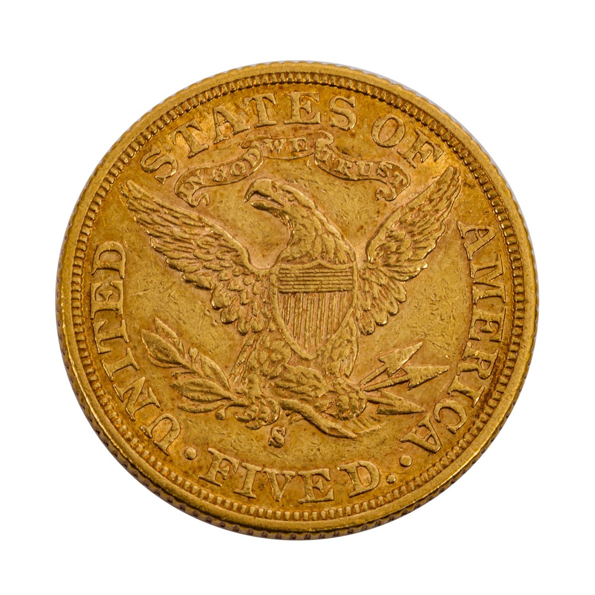 USA/GOLD - 5 Dollars 1899 S, Liberty Head, ca. 7,5 g fein, ss USA/GOLD - 5 dollars 1899 S, Liberty - Bild 2 aus 2