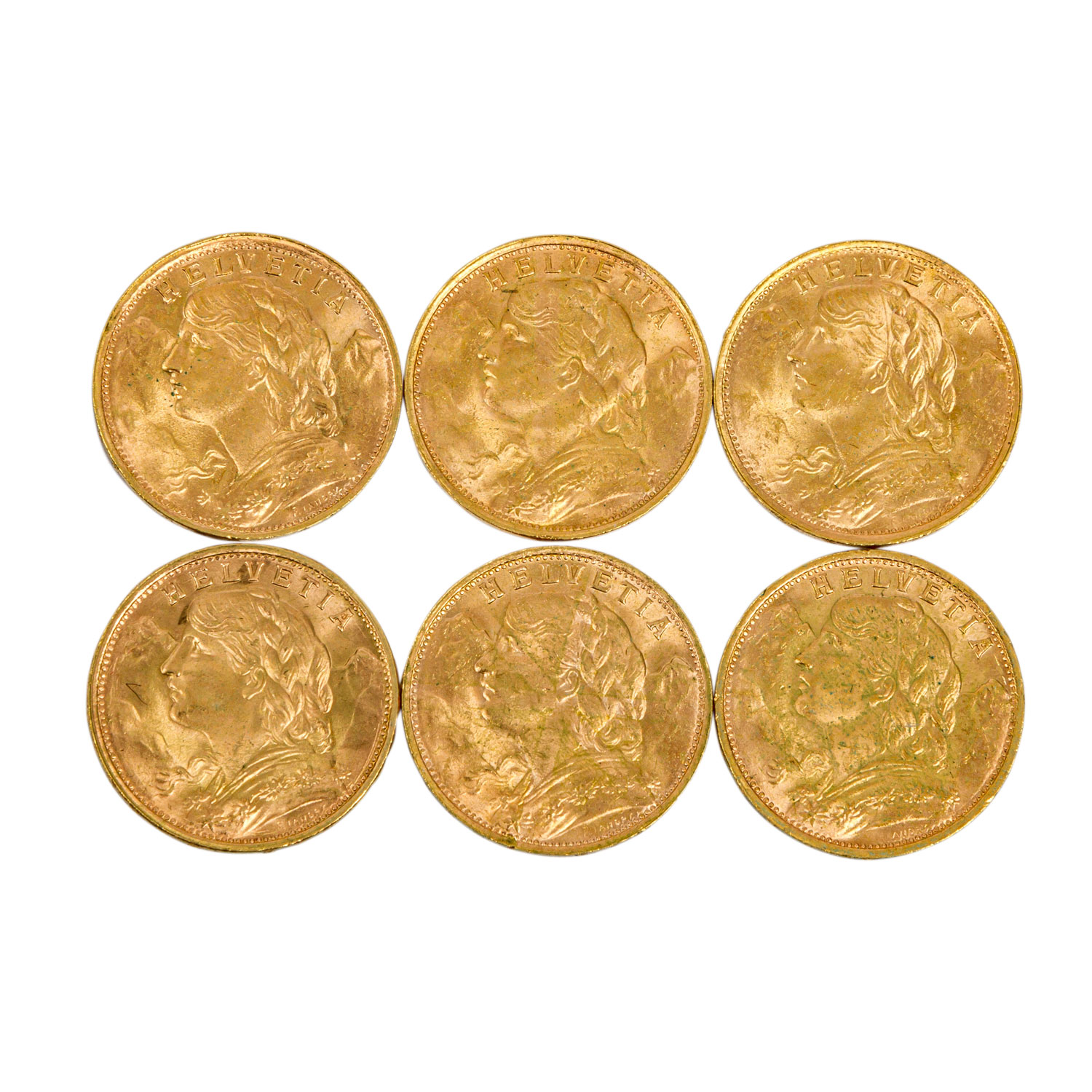 Schweiz/GOLD - 6 x 20 Franken Vreneli, 3 x 1935 LB, 2 x 1947 B, 1949 B. Je ca. 5,8 g fein, ss