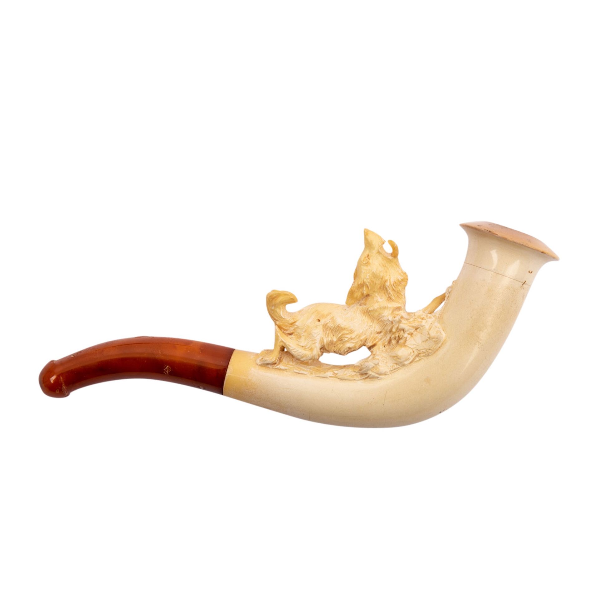 Meerschaumpfeife mit filigraner Jagdhundmontur, Originaletui, Alters- und Gebrauchsspuren, gering - Bild 2 aus 5