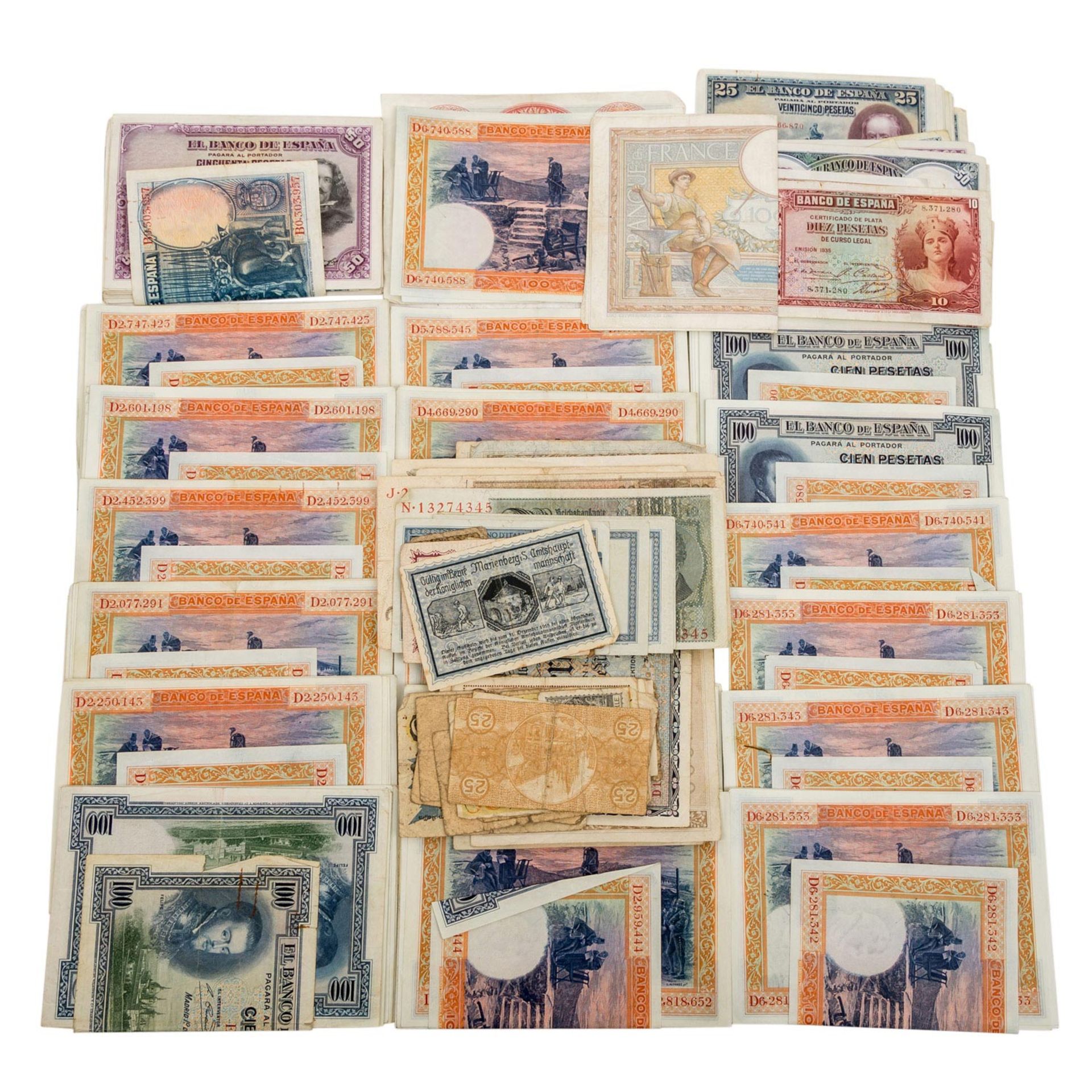 Banknoten - ca. 250 Stück, unorthodox zusammen gestellt, Spanien und Deutsches Reich (lokales