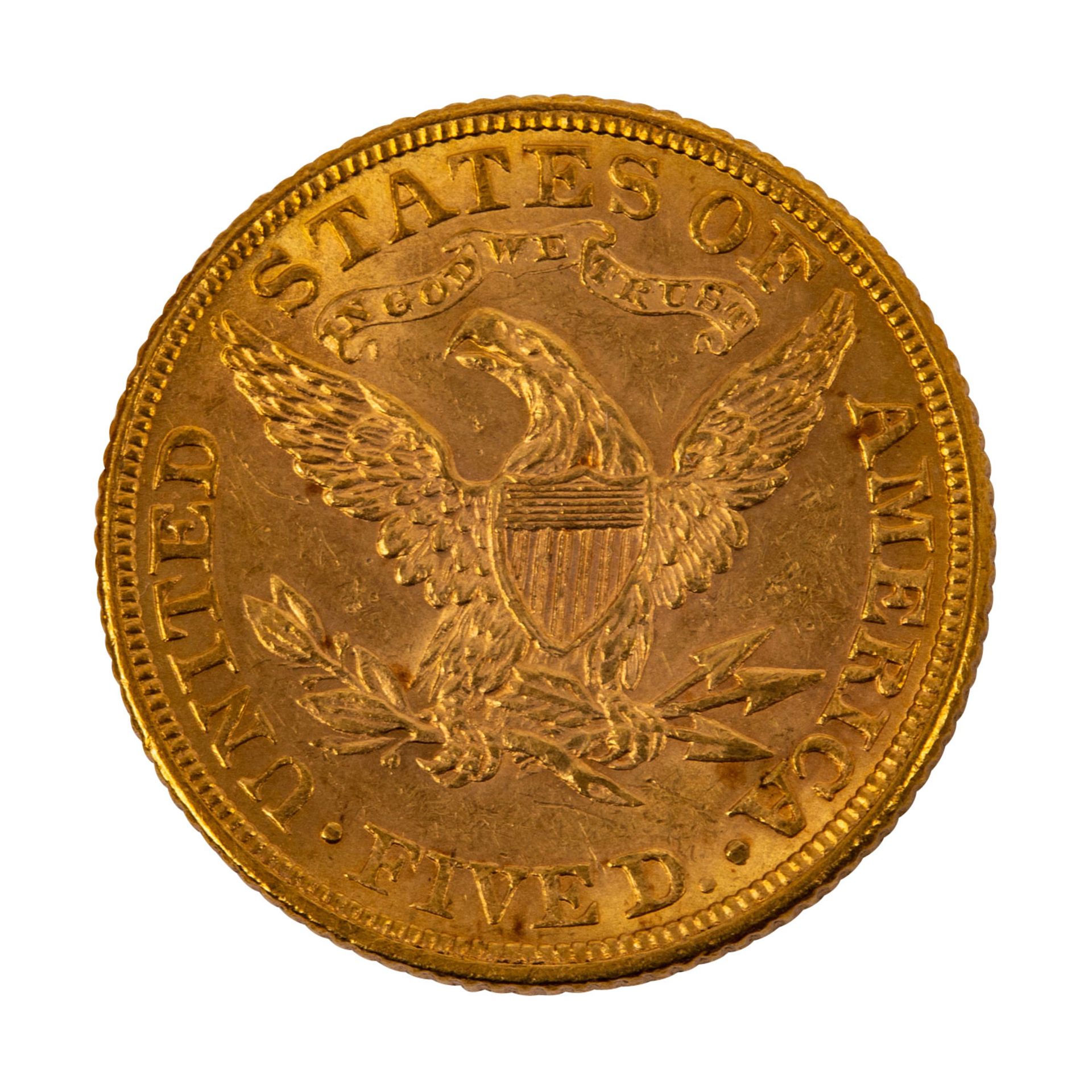 USA/GOLD - 5 Dollars 1882 Liberty Head, ca. 7,5 g fein, ss USA/GOLD - 5 dollars 1882 Liberty Head, - Bild 2 aus 2