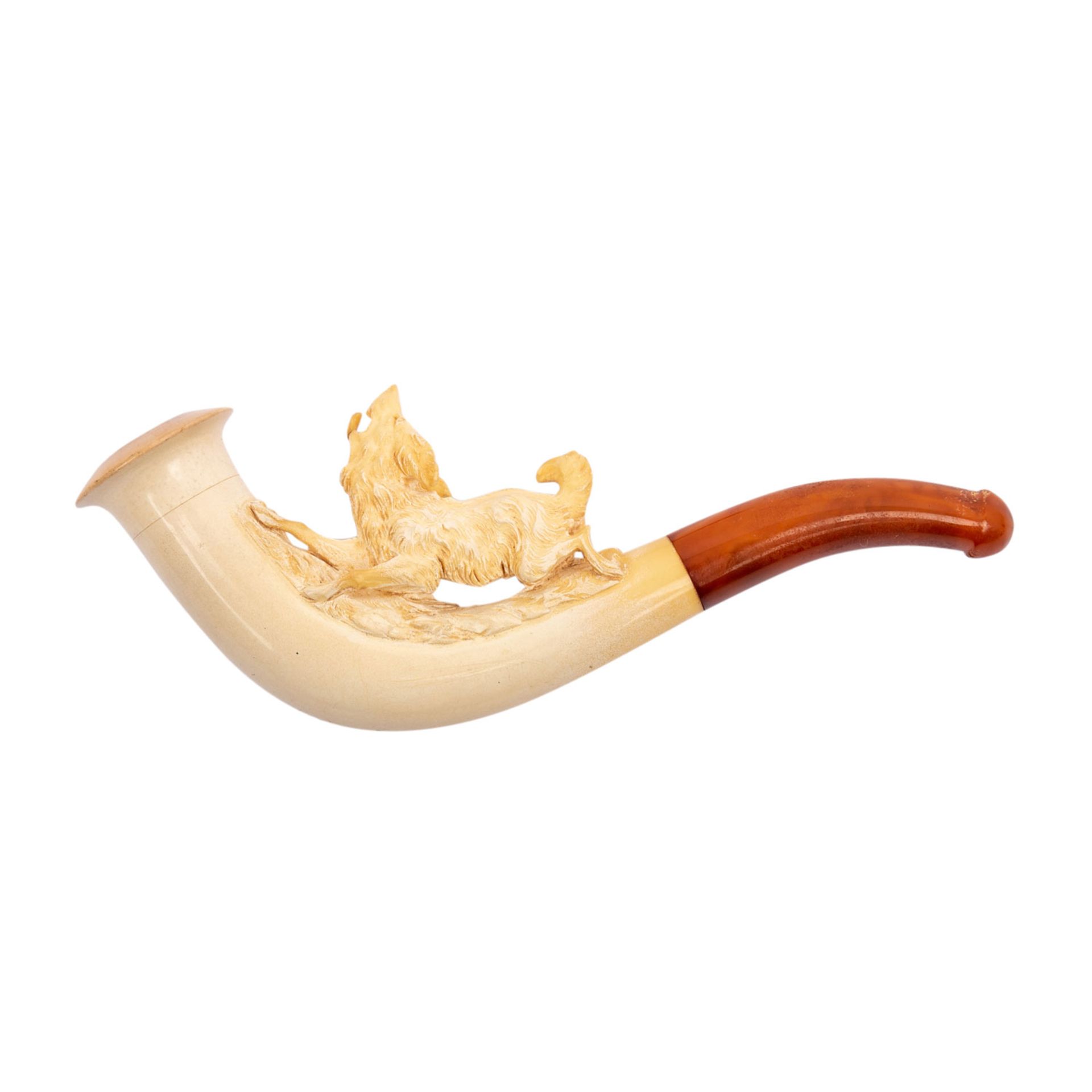 Meerschaumpfeife mit filigraner Jagdhundmontur, Originaletui, Alters- und Gebrauchsspuren, gering - Bild 3 aus 5