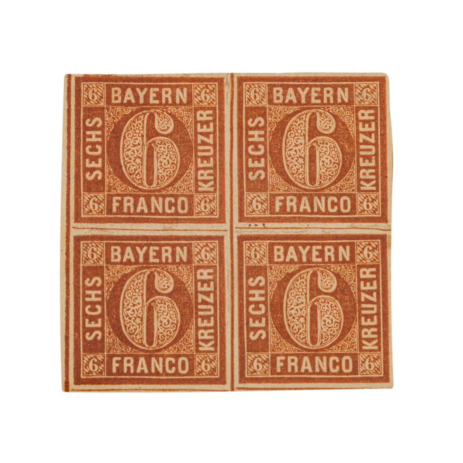 Altdeutschland Bayern - 1850, 6 Kreuzer braunorange im ungebrauchten Viererblock, vollrandig,