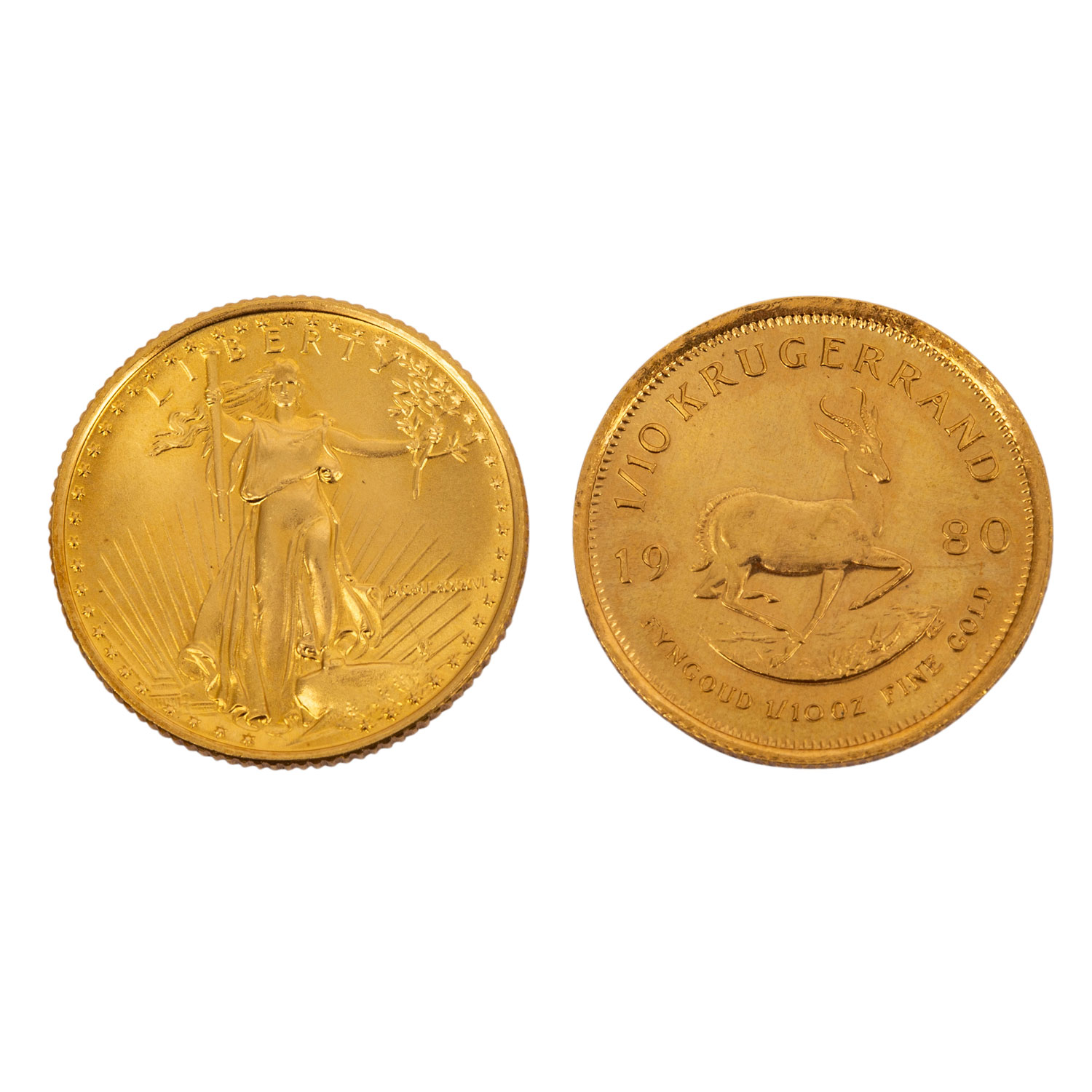 GOLD 2 x 1/10 Unze aus Südafrika 1/10 Unze Krügerrand 1980 und USA 1/10 Unze Eagle. vz GOLD 2 x 1/ - Image 2 of 2