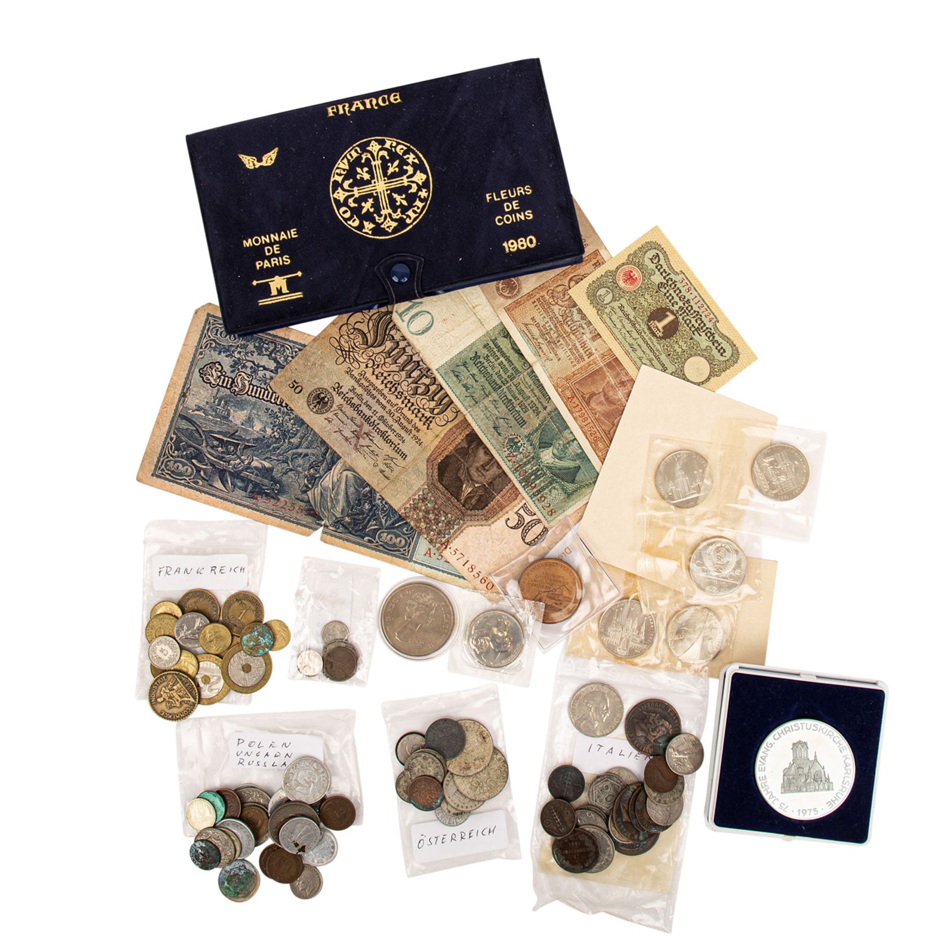Konvolut Münzen und Banknoten bestehend aus Banknoten, u.a. Dt. Kaiserreich 100 Reichsmark 1910 und