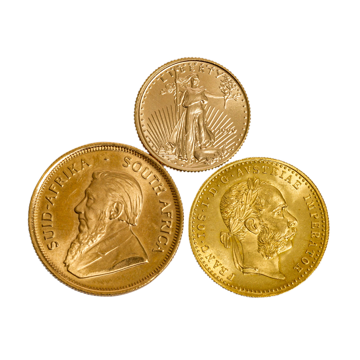 3 GOLDmünzen - 1/4 Unze Krügerrand 1982, 1 Dukat 1915 NP sowie 1/10 Unze Eagle 1999. Erhaltungen