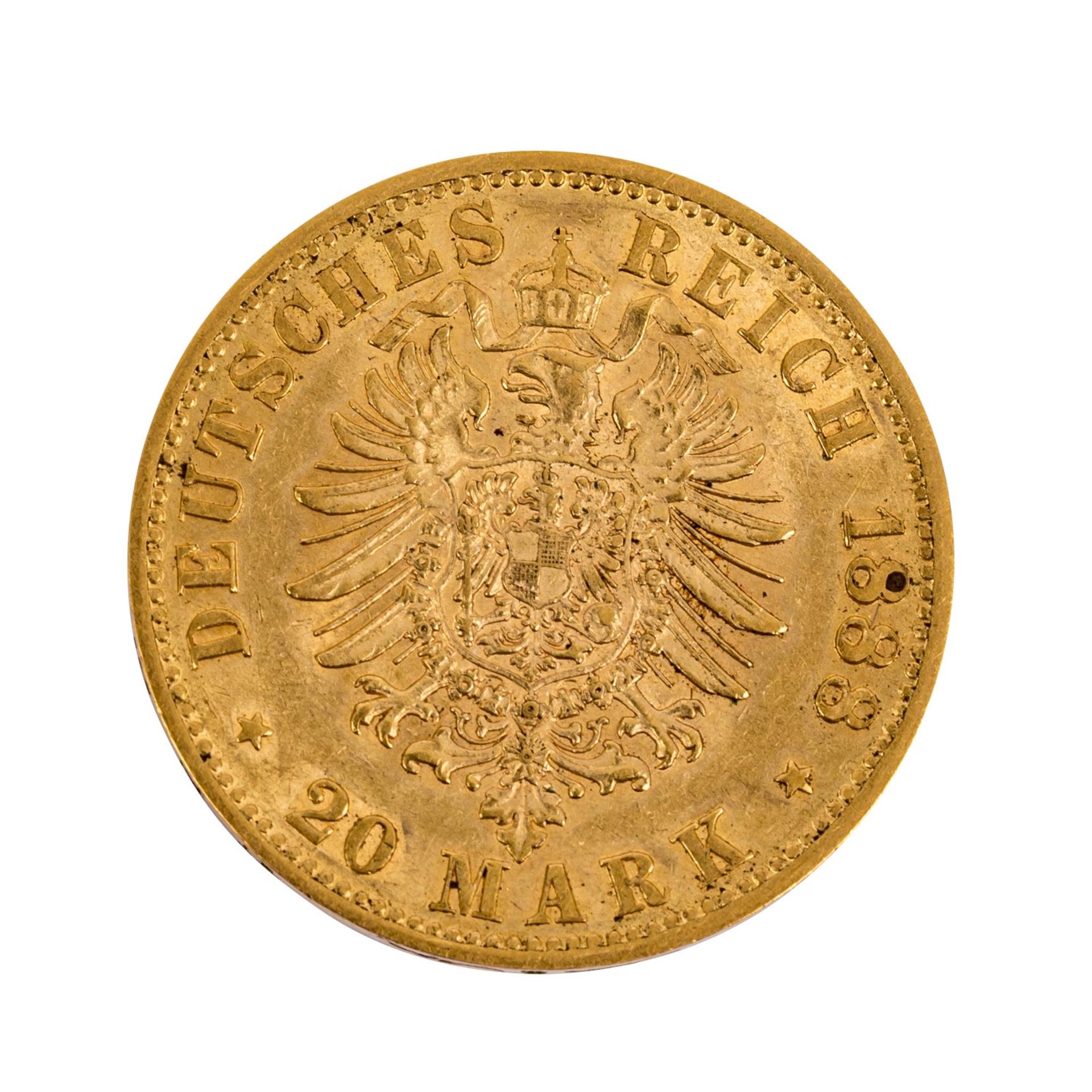 Preussen - 20 Mark Preussen, Kaiser Friedrich, GOLD, 7,16 Gramm fein, ss/f. vz. Prussia - 20 marks - Bild 2 aus 2