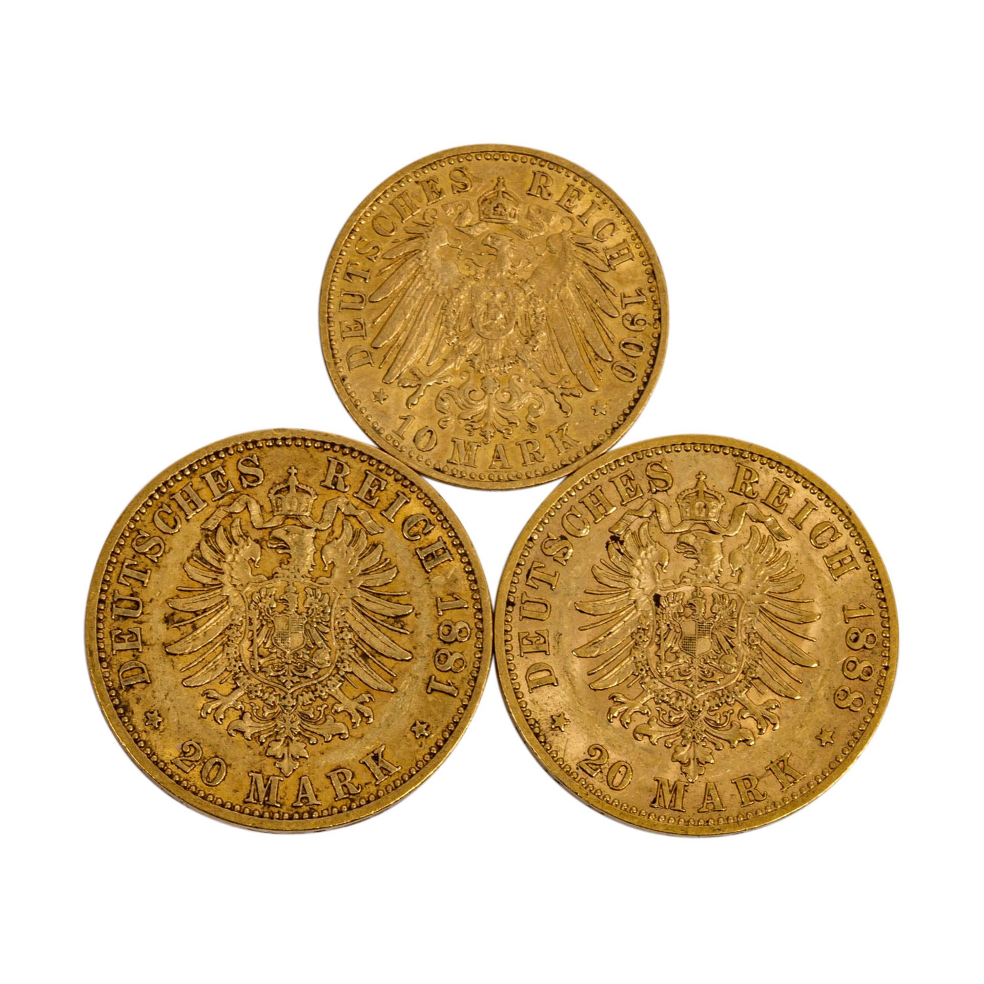 Preussen/GOLD - Konvolut 2 x 10 Mark und 1 x 10 Mark. 20 Mark 1881 A Wilhelm I., 20 Mark 1888 A - Bild 2 aus 2