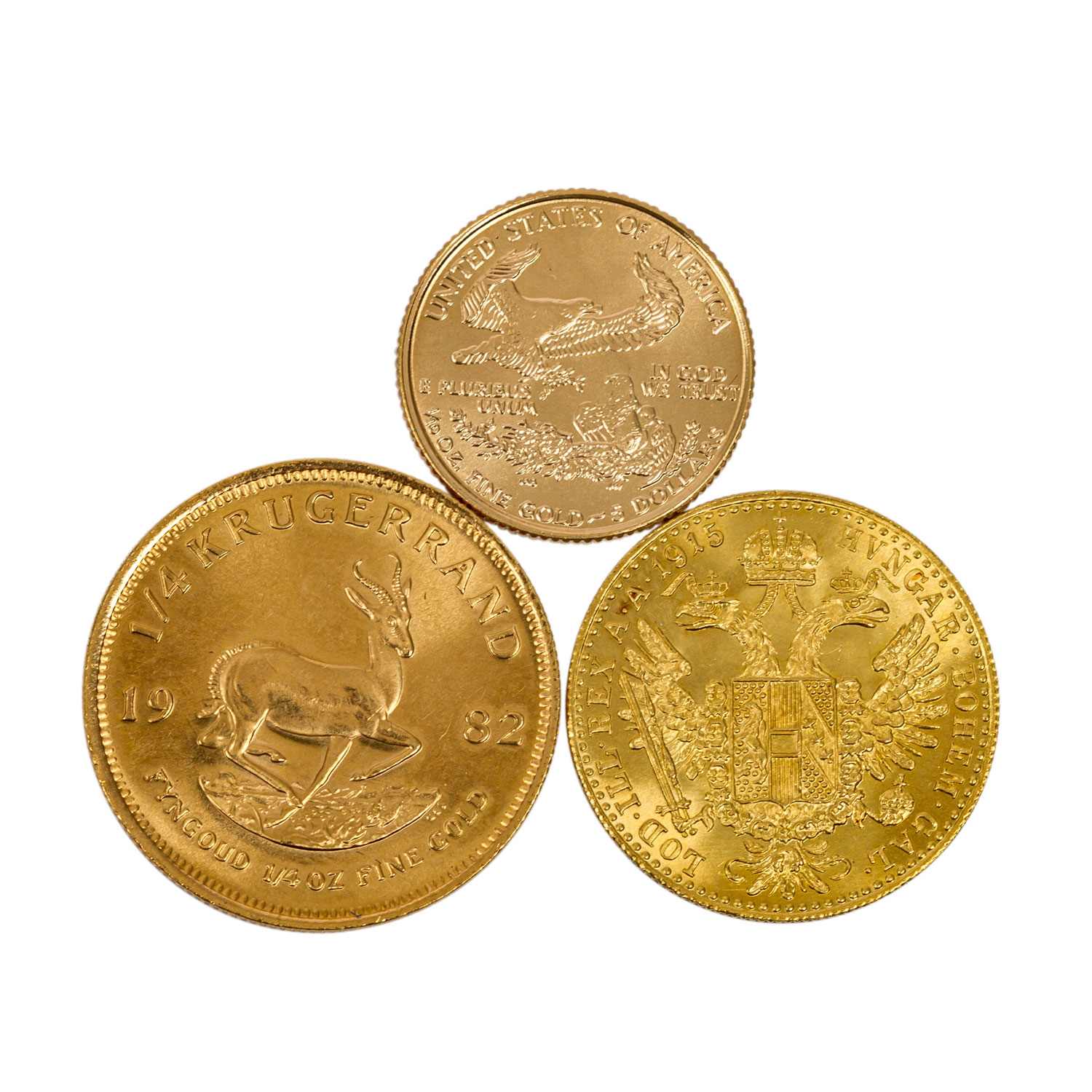 3 GOLDmünzen - 1/4 Unze Krügerrand 1982, 1 Dukat 1915 NP sowie 1/10 Unze Eagle 1999. Erhaltungen - Bild 2 aus 2