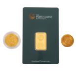GOLDLOT mit 10 g Barren Perth Mint, Österreich 1 Dukat 1915 NP sowie Südafrika 1 Rand 1972.