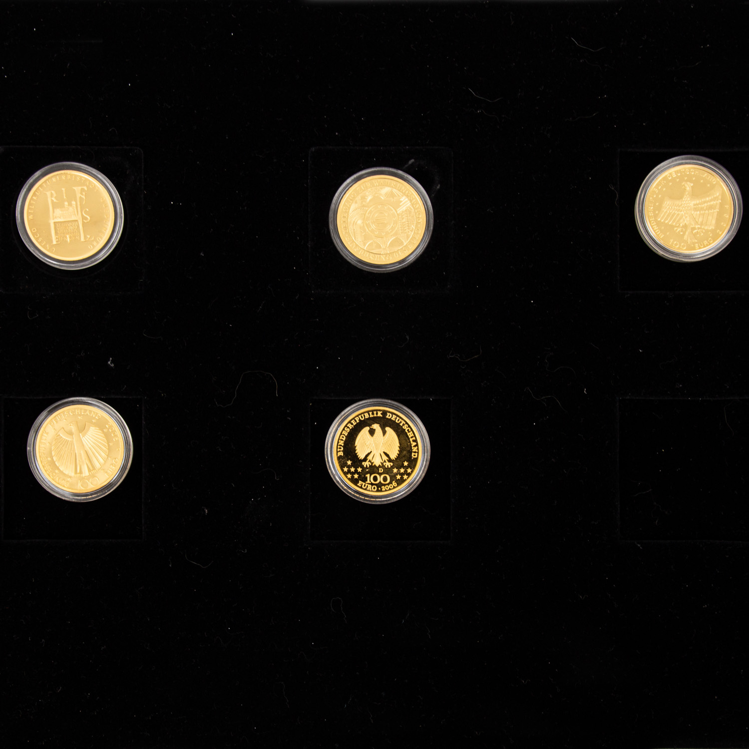 BRD - 5 x 100 Euro in Gold zu je 1/2 Unze, 2002 F Währungsunion (Zertifikat), 2003 A Quedlinburg, - Image 2 of 2