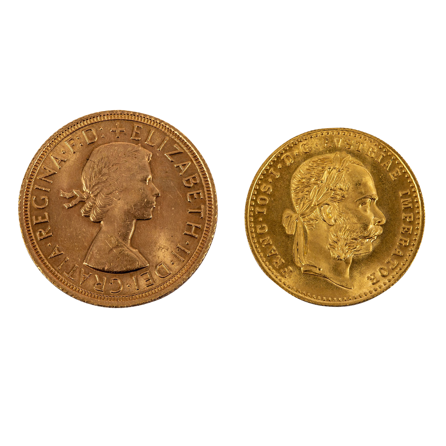 2 GOLDMÜNZEN - GB 1 Sovereign 1964 Elisabeth Schleife und Österreich 1 Dukat 1915 NP. Ca. 10,7 g