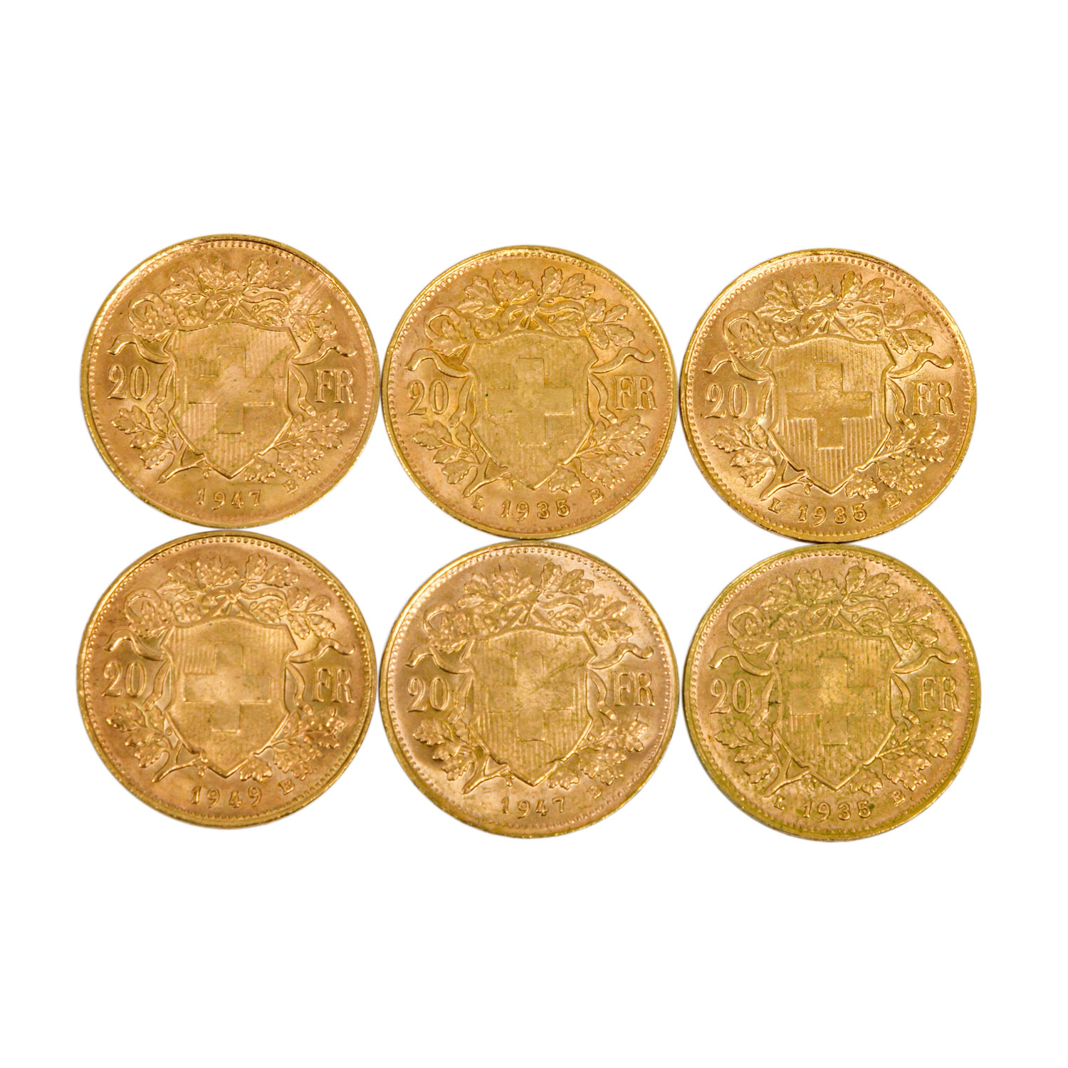 Schweiz/GOLD - 6 x 20 Franken Vreneli, 3 x 1935 LB, 2 x 1947 B, 1949 B. Je ca. 5,8 g fein, ss - Image 2 of 2