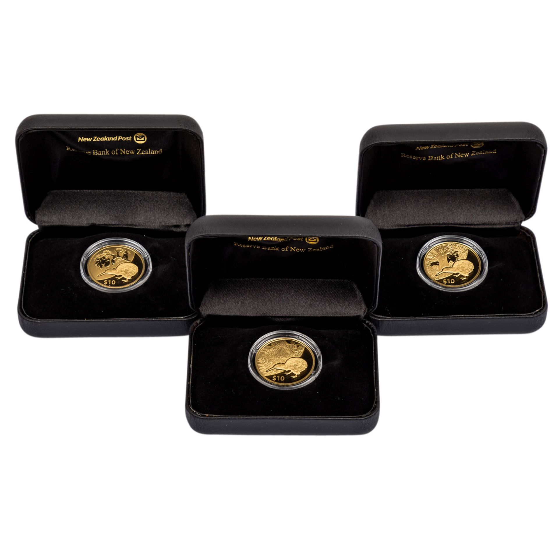 3 x Neuseeland in GOLD -3 x Neuseeland - 10 Dollars der Jahre 2012/2013/2014, Kiwi Tre