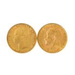 GB/GOLD - 2 x 1 Sovereign 1878 Victoria und1913 George V. Je ca. 7,32 g fein, ss<b