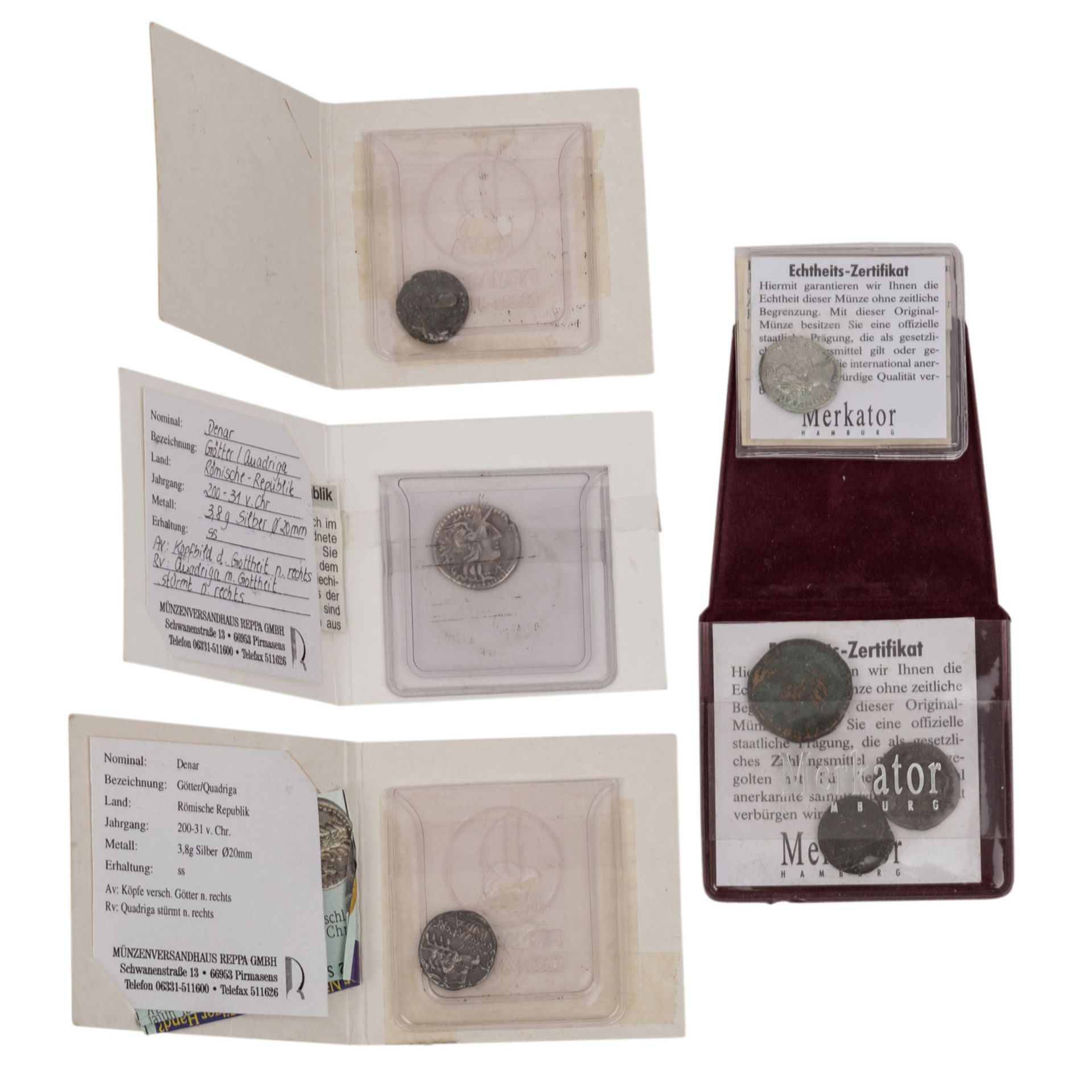 7 antike Bronze- und Silbermünzen -dabei u.a. 1 x Römische Republik - Denar 125 v .C