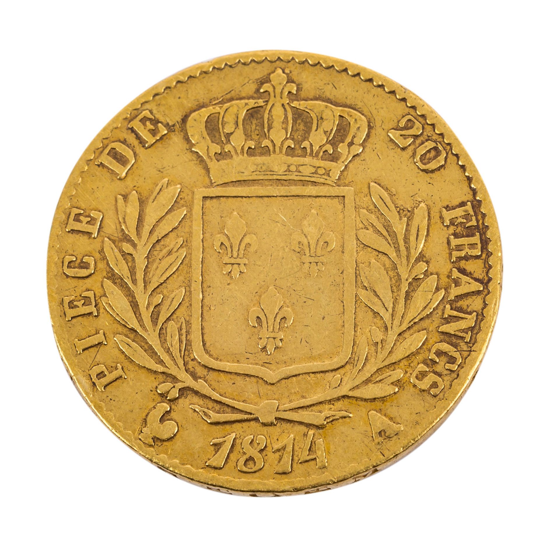 Frankreich/GOLD - 20 Francs 1814 A Louis XVIII.,au buste habilie, Paris, signiert Tiol - Bild 2 aus 2